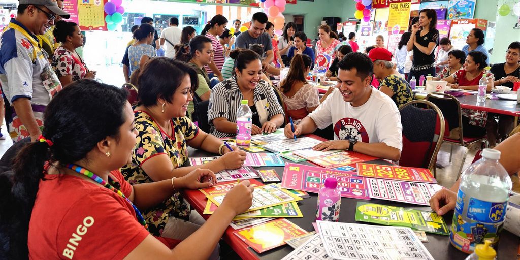 Makulay na bingo sa Malabang na may masayang manlalaro.