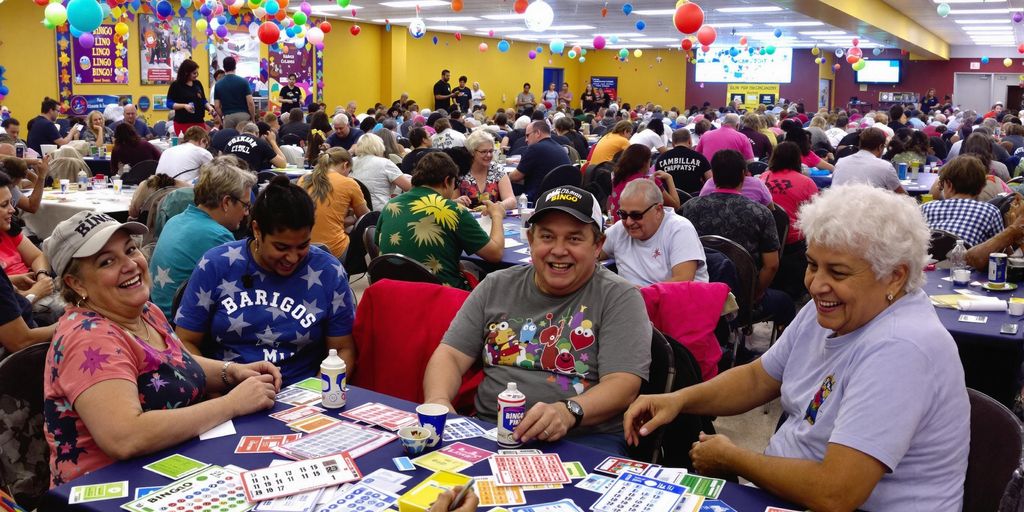 Masayang bingo hall sa Cardona na puno ng tao.