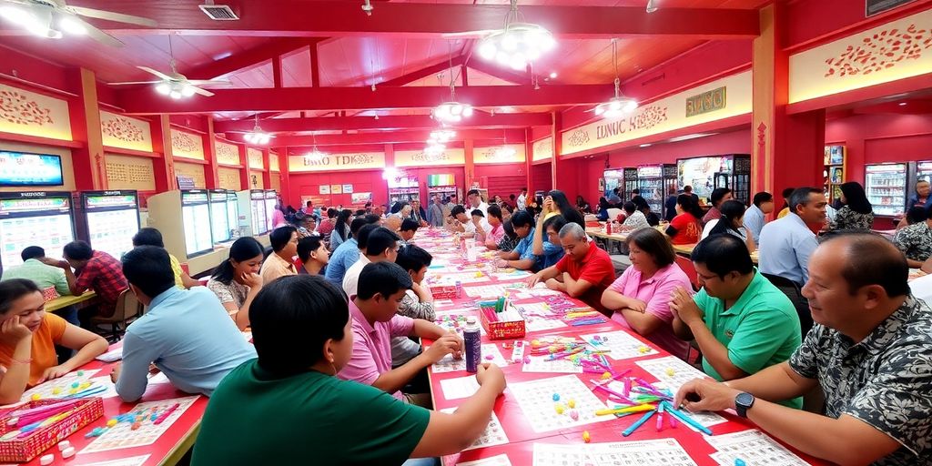 Mga tao na naglalaro ng Bingo Plus sa isang hall.