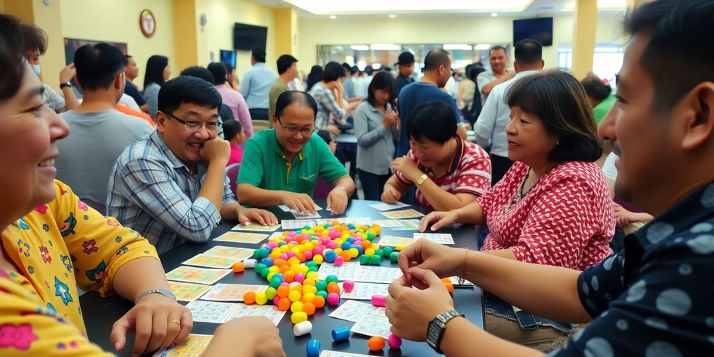 Mga tao na naglalaro ng Bingo Plus sa Bonifacio.