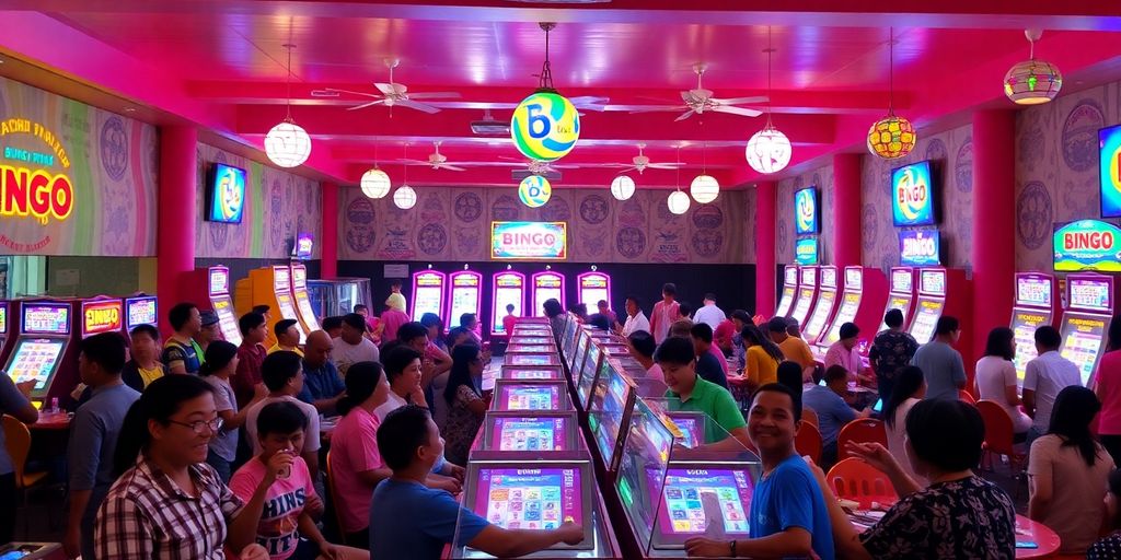 Makulay na bingo hall na puno ng masayang manlalaro.