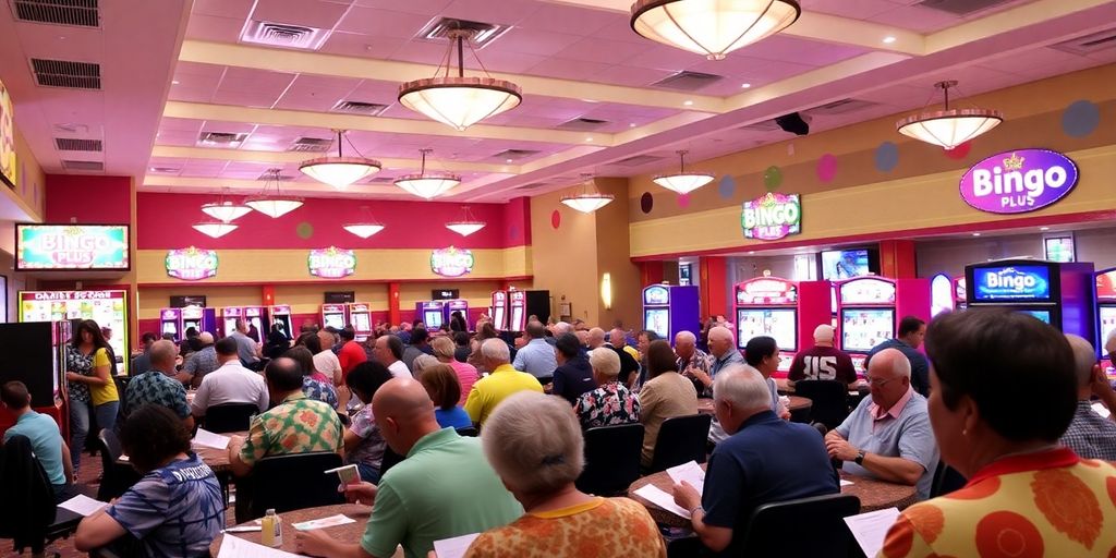 Masiglang bingo hall na puno ng mga manlalaro.