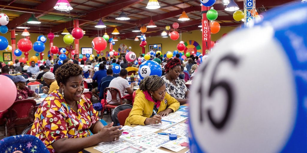 Makulay na bingo hall sa Marogong na puno ng tao.