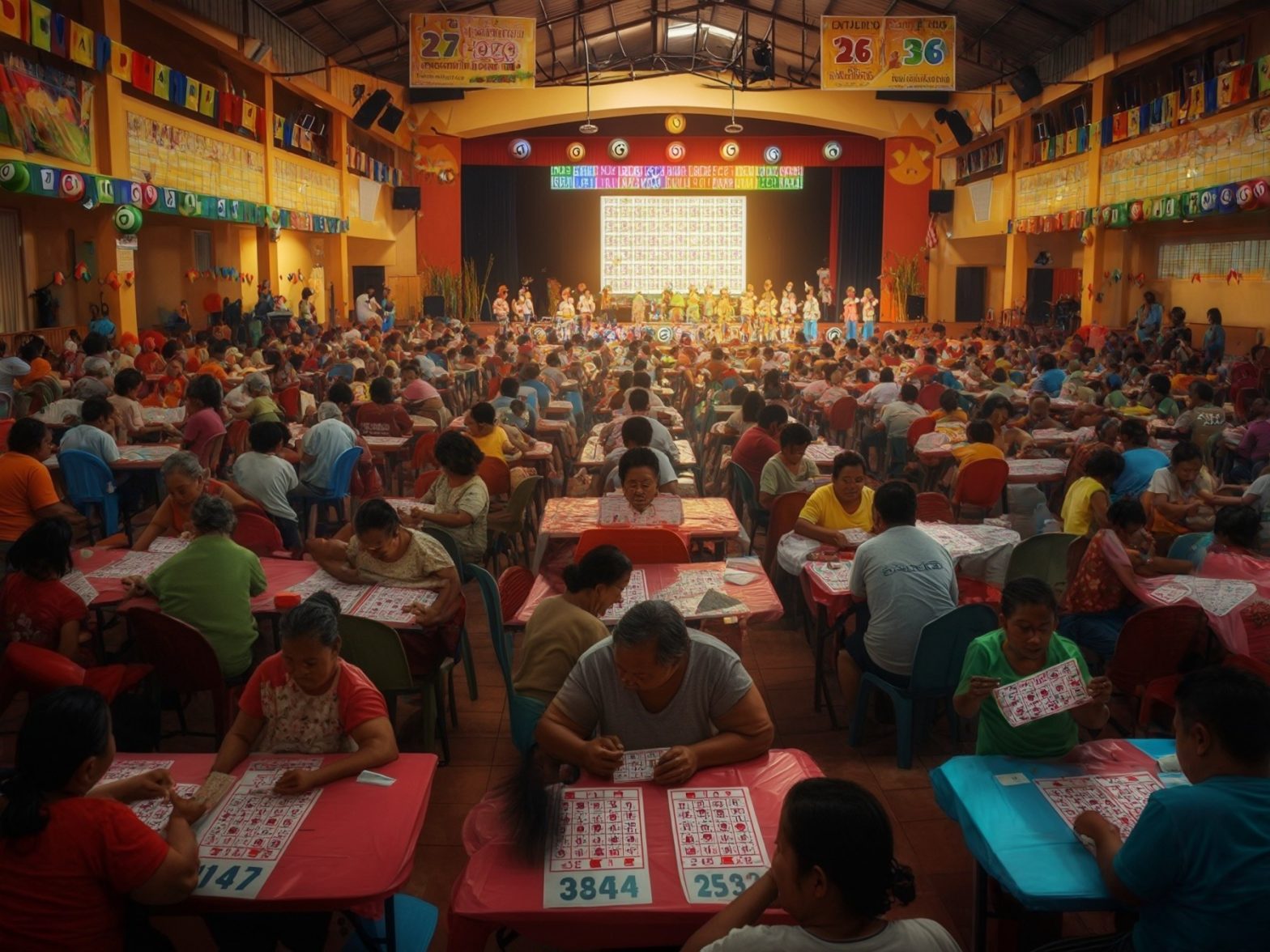 Large bingo game event in a vibrant community center with colorful decorations and participants eagerly playing.