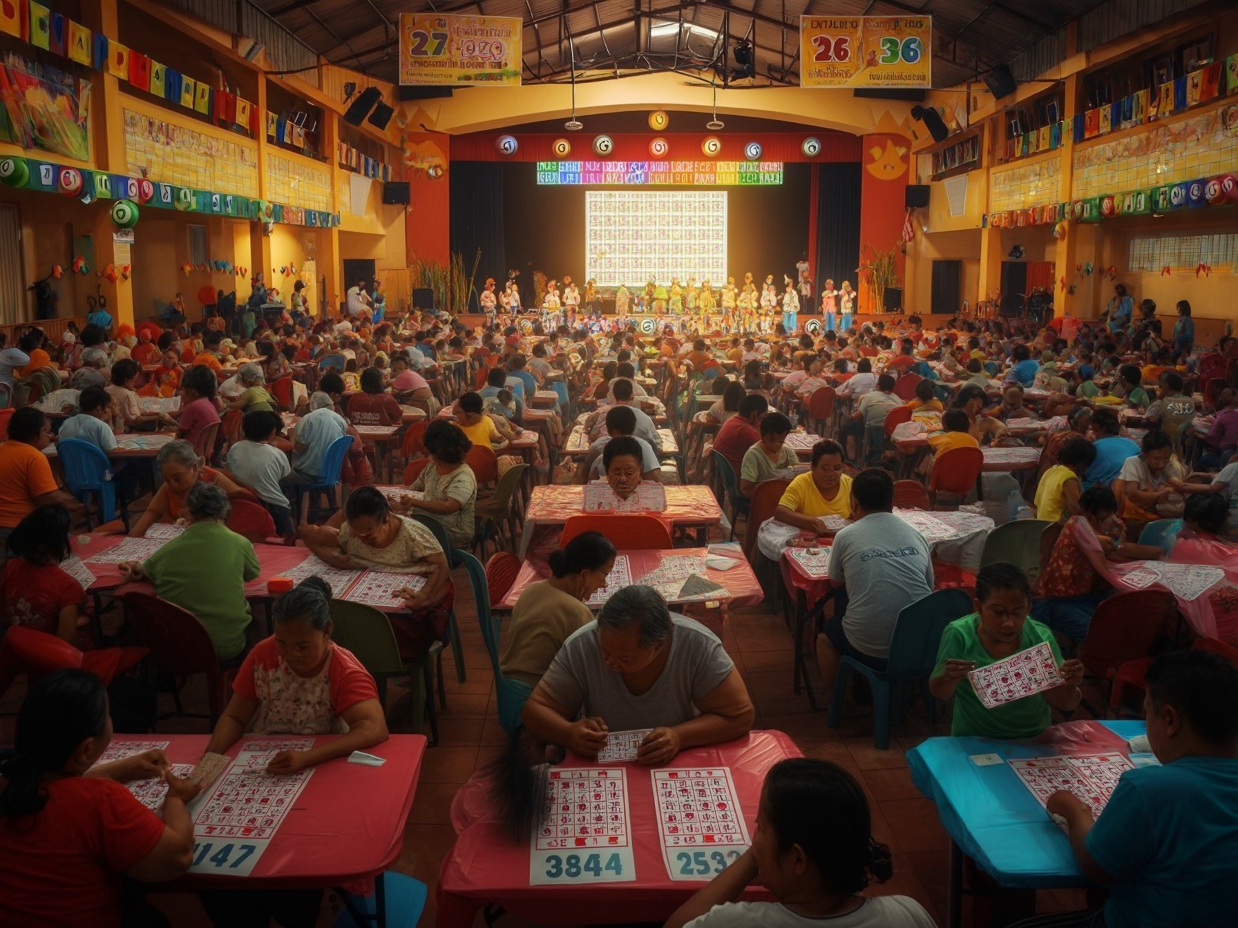 Large bingo game event in a vibrant community center with colorful decorations and participants eagerly playing.