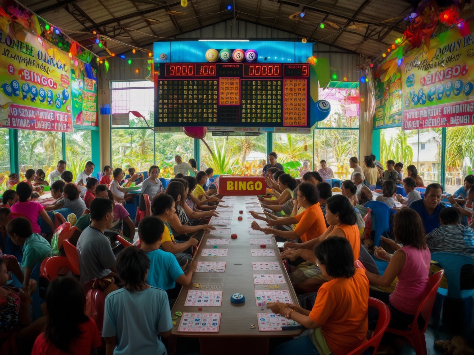 A lively room full of people playing bingo, with colorful decorations and a large electronic bingo board.