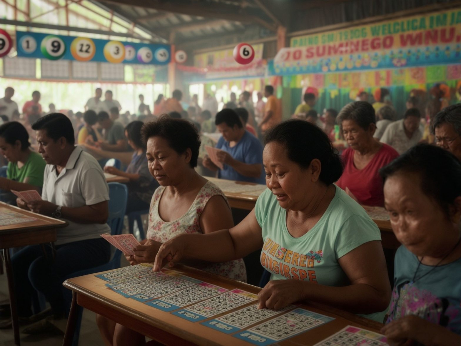 A busy bingo hall with people intently playing at tables, colorful bingo cards and numbers visible, creating an engaging atmosphere.