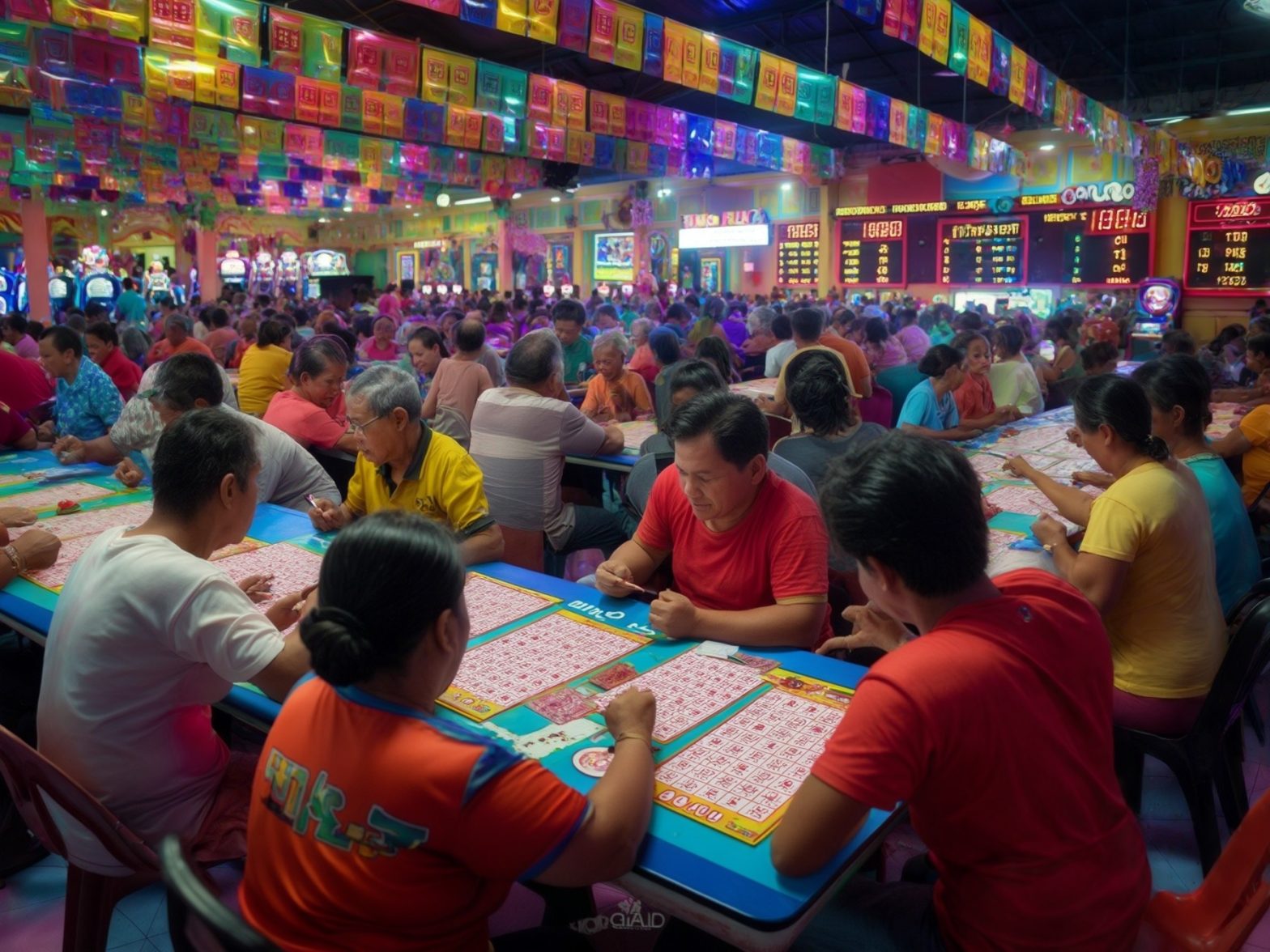 Crowded bingo hall with colorful decorations, people sitting at tables playing bingo, vibrant and lively atmosphere.