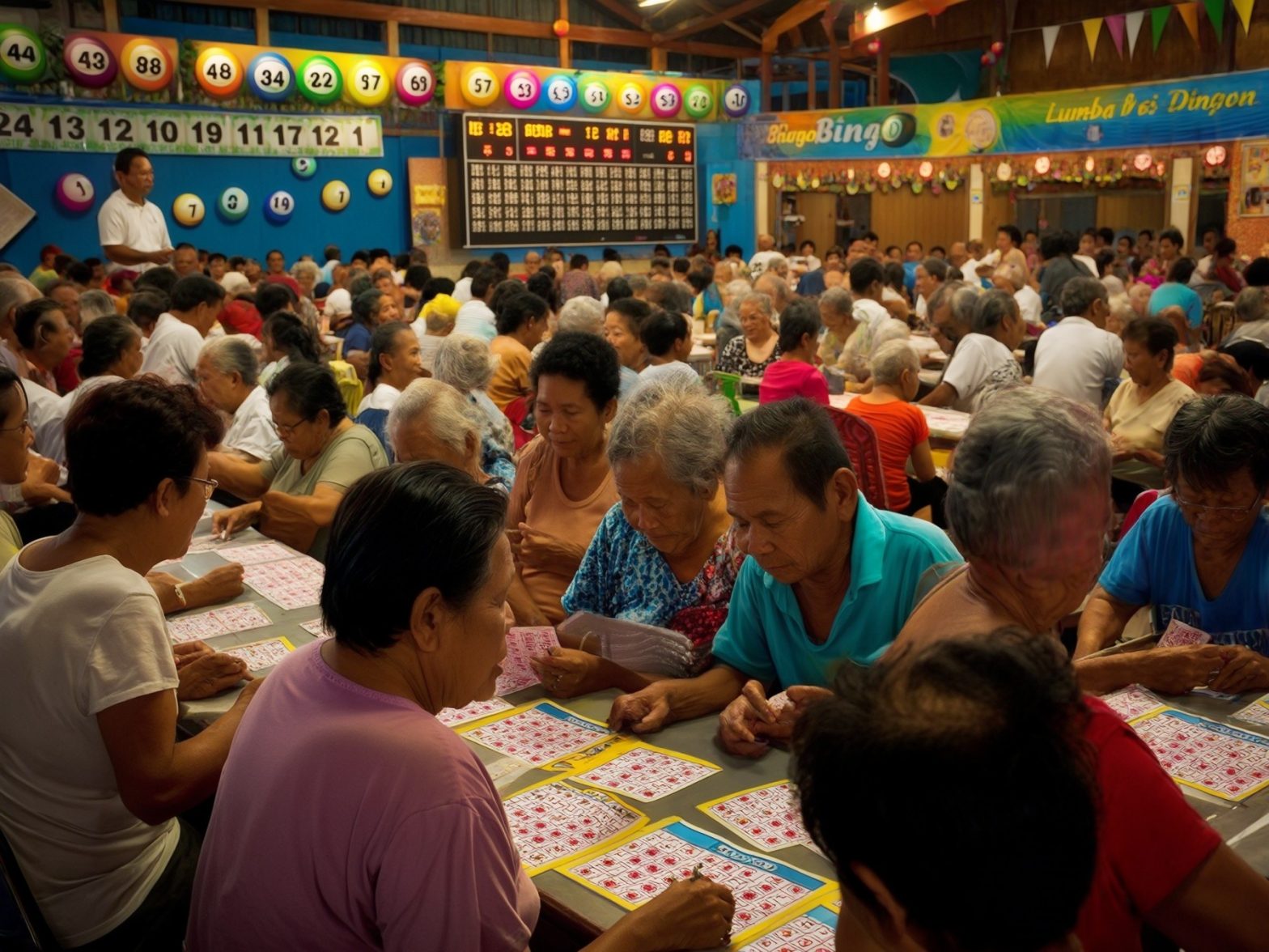 Crowded bingo hall with players intently engaged in a vibrant community game, surrounded by colorful bingo balls and scoreboards.