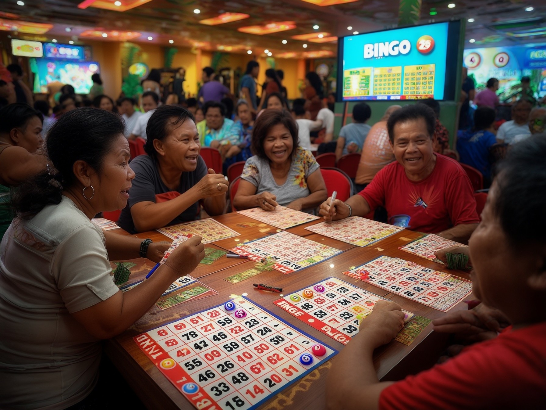 People playing bingo at a lively community event, with bingo cards and markers on a crowded table.