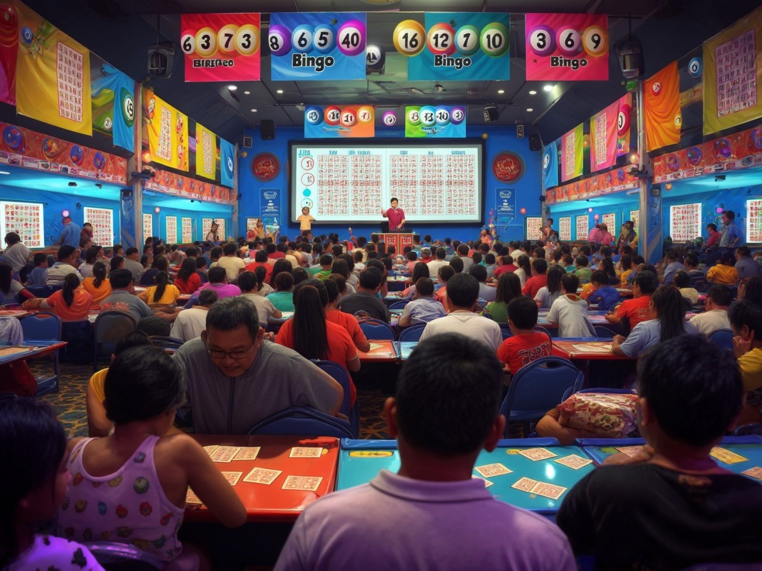 A crowded bingo hall with a lively audience engaged in a game, colorful banners and numbers overhead.