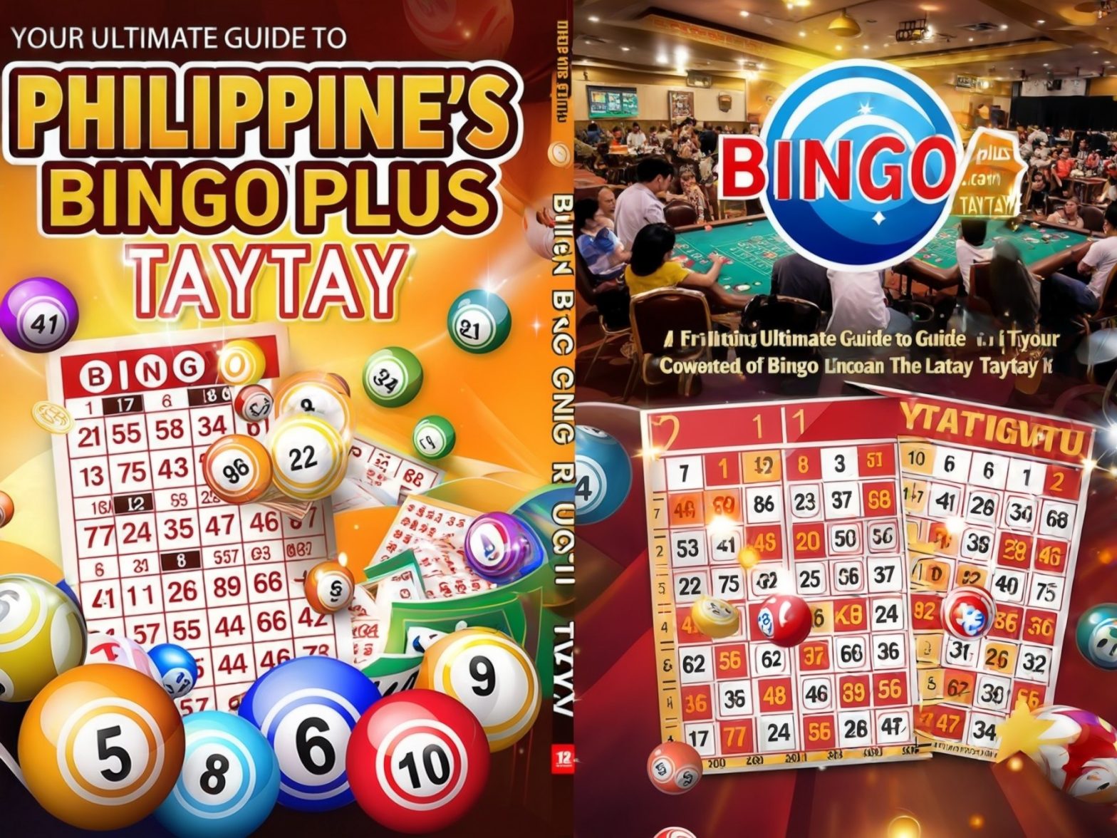 "Colorful bingo cards and numbers with vibrant designs promoting Philippine's Bingo Plus Taytay in a lively gaming hall setting."