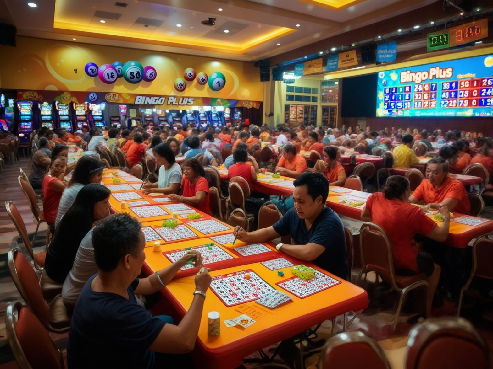 People playing bingo in a vibrant hall with colorful bingo cards, machines, and large screens displaying game numbers.