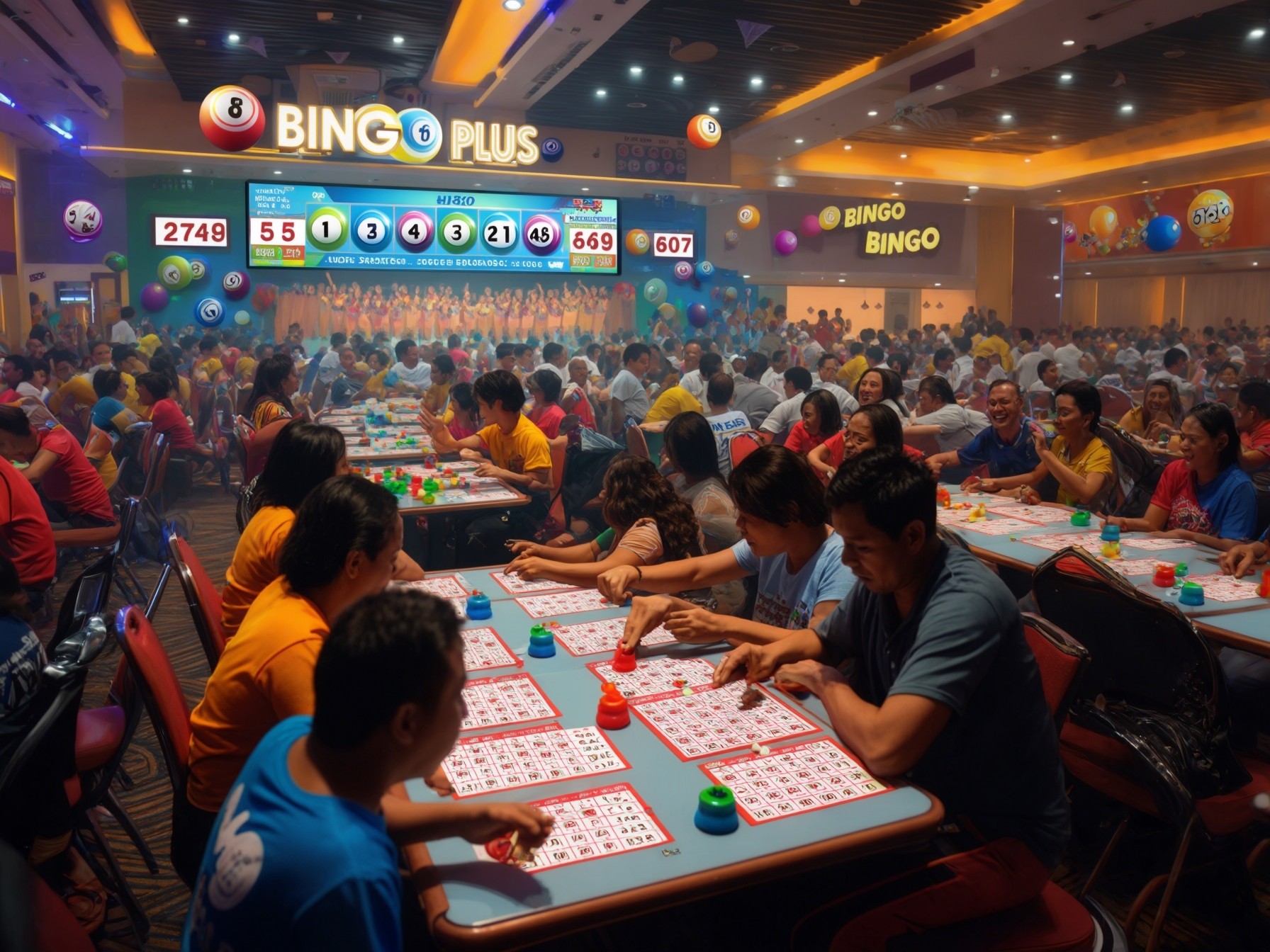 Crowded bingo hall with players participating in a bingo game, colorful decorations, and large display screens showing numbers.