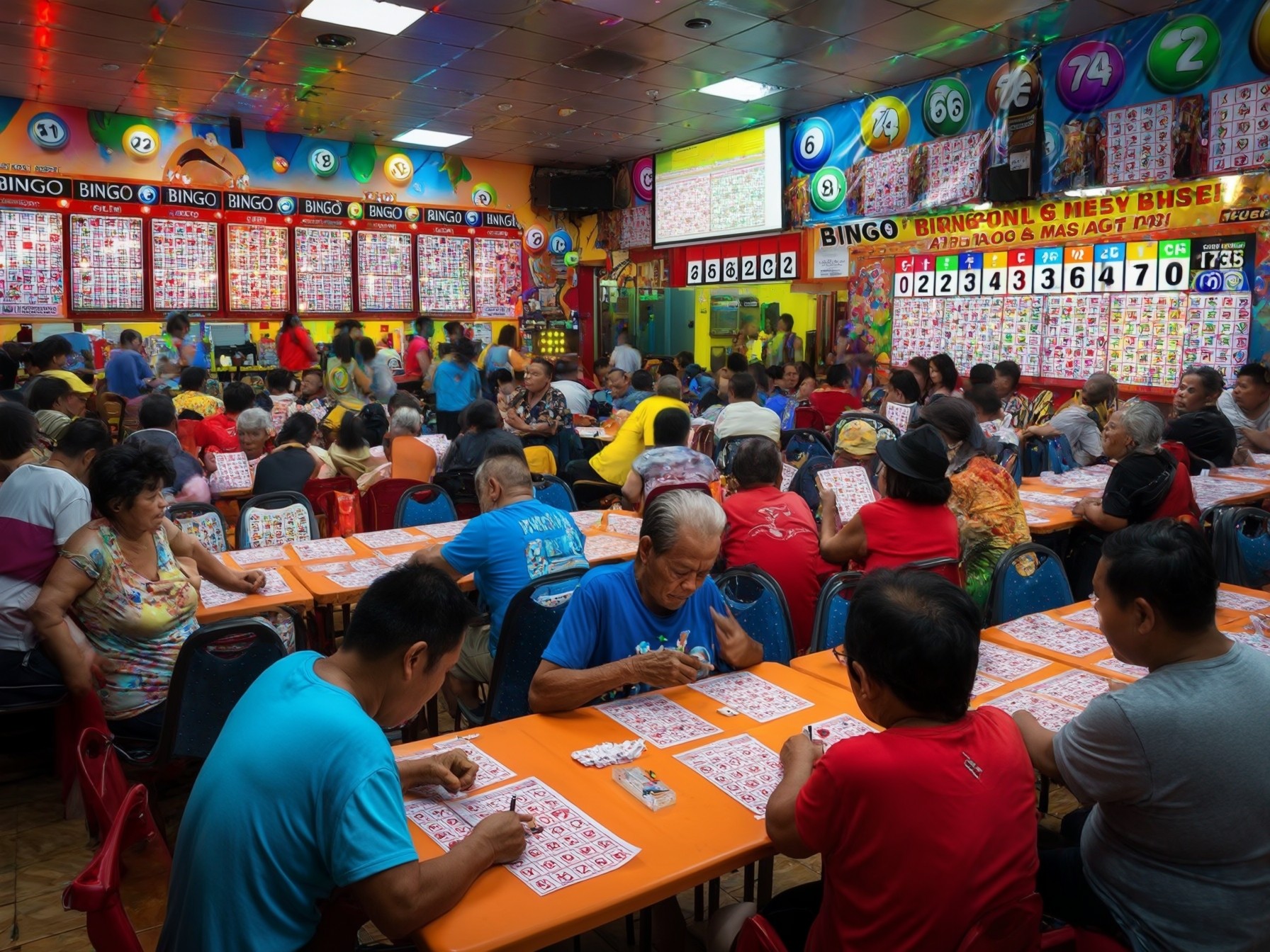 Crowded bingo hall with players focused on their cards, colorful board displays numbers, lively atmosphere.