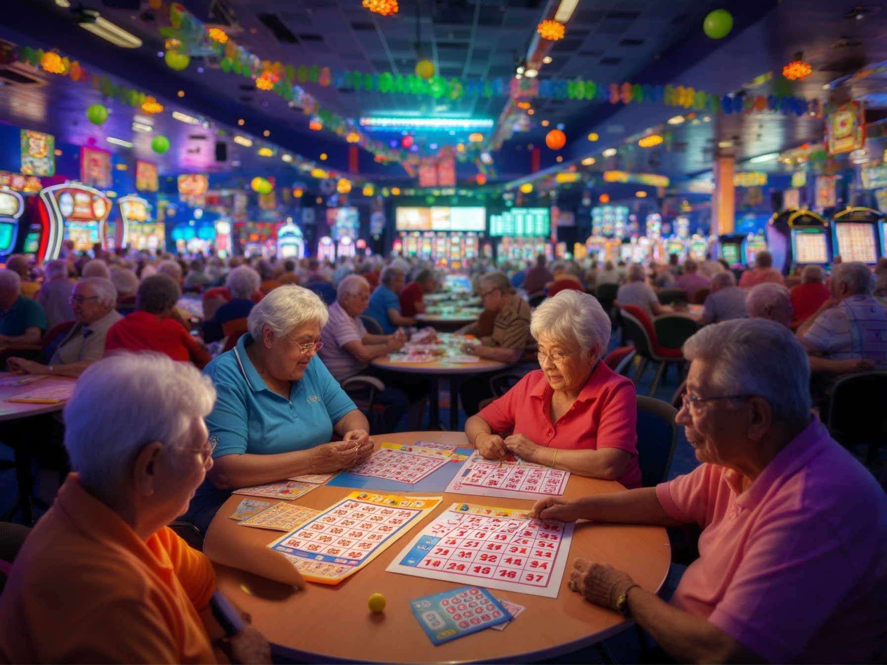 Elderly people playing bingo in a colorful, crowded casino setting with vibrant decor and slot machines.