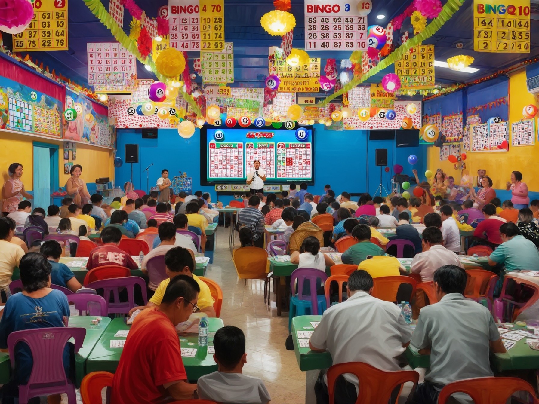 Colorful bingo hall with numerous players engaged, vibrant decorations, and bingo boards filling walls and ceiling.