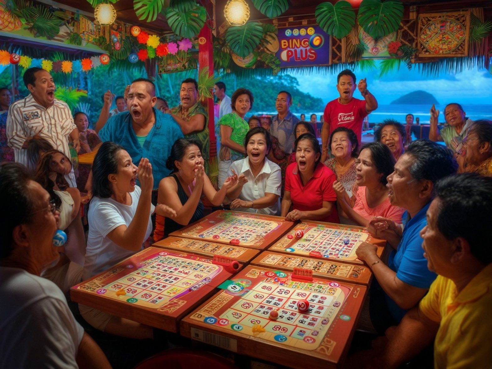 Group of people playing bingo at a vibrant outdoor gathering near the beach.