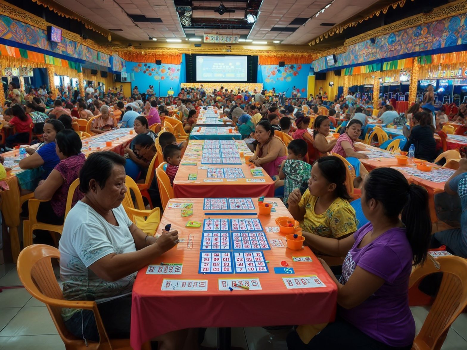 Large indoor bingo event with people playing at tables, colorful decorations, and prizes displayed on a screen.