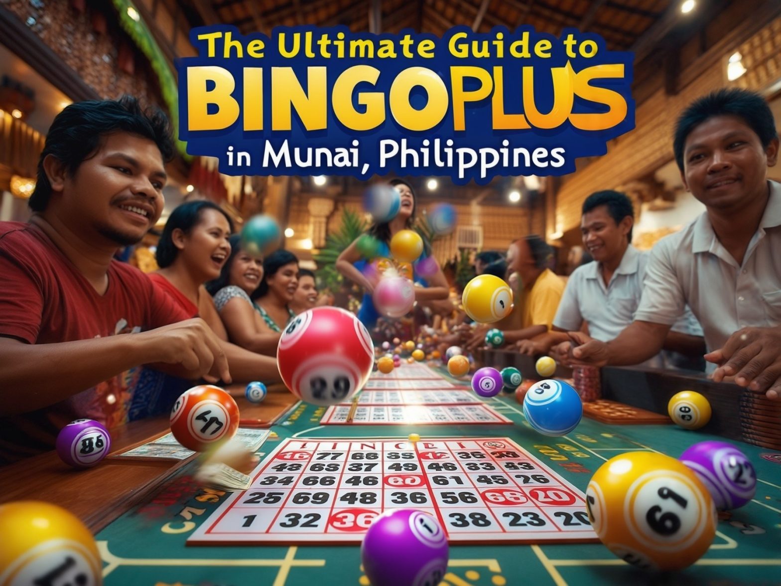 Colorful Bingo game in Munai, Philippines with vibrant balls and a wooden interior, under text "The Ultimate Guide to BingoPlus".