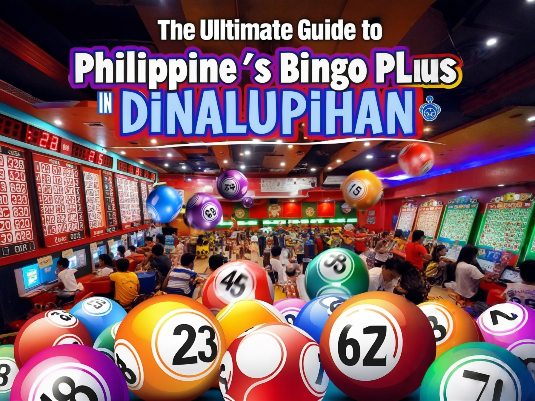 A vibrant bingo hall in Dinalupihan, Philippines, with colorful bingo balls and digital boards, highlighting a guide to Philippine Bingo Plus.