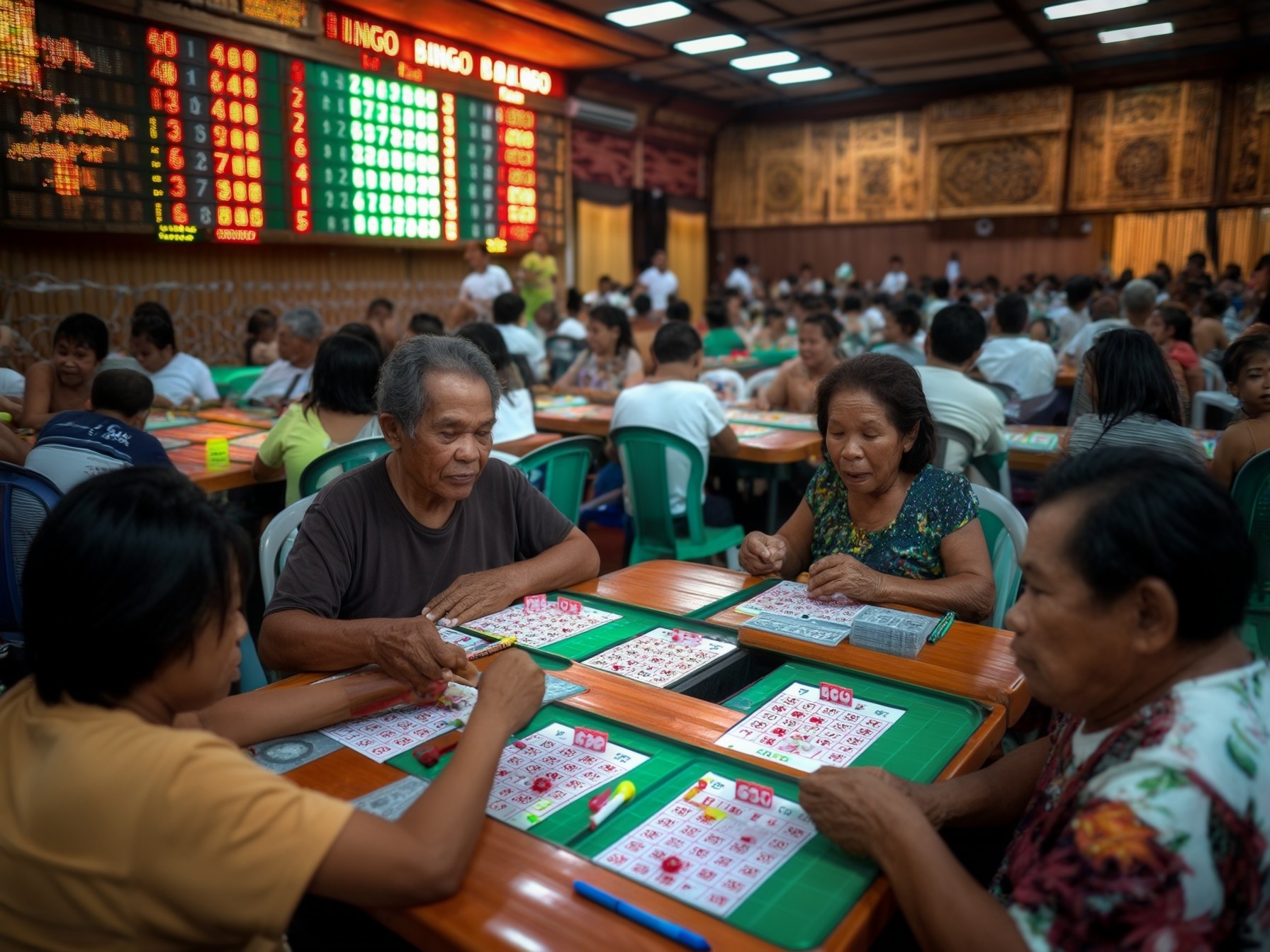 People playing bingo in a crowded hall with numbered boards displayed on the wall in the background.