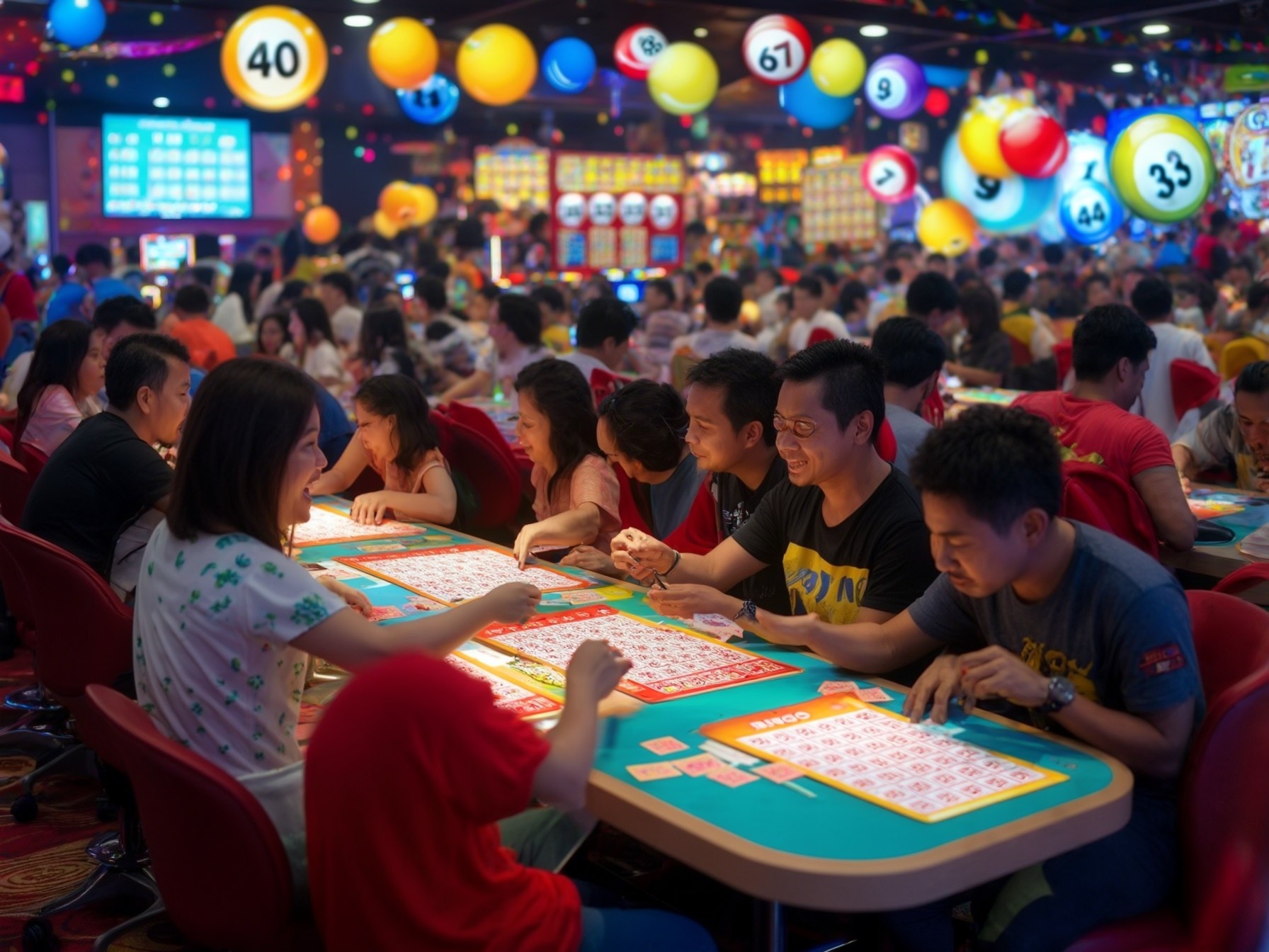 People playing bingo in a lively, colorful hall with large bingo balls hanging above, creating a fun and engaging atmosphere.