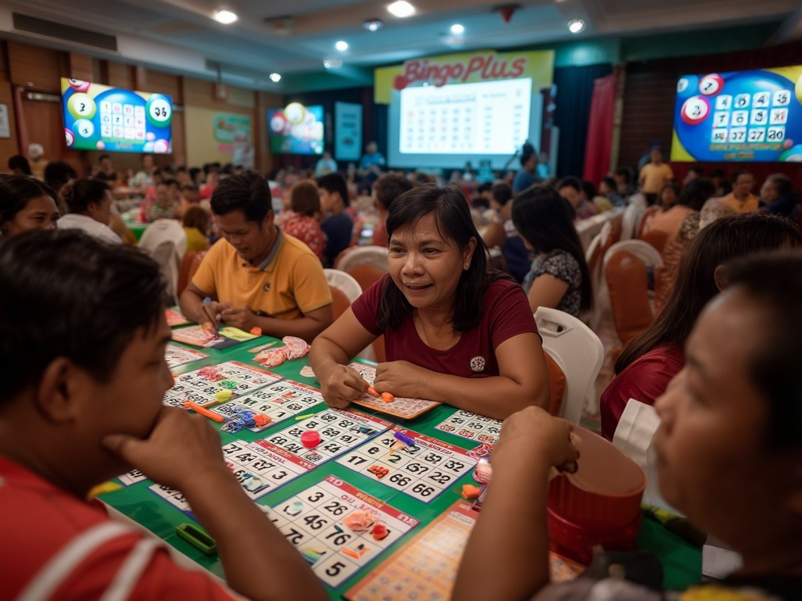 People playing bingo in a crowded hall, focusing on their cards, under a BingoPlus sign and bingo numbers displayed on screens.