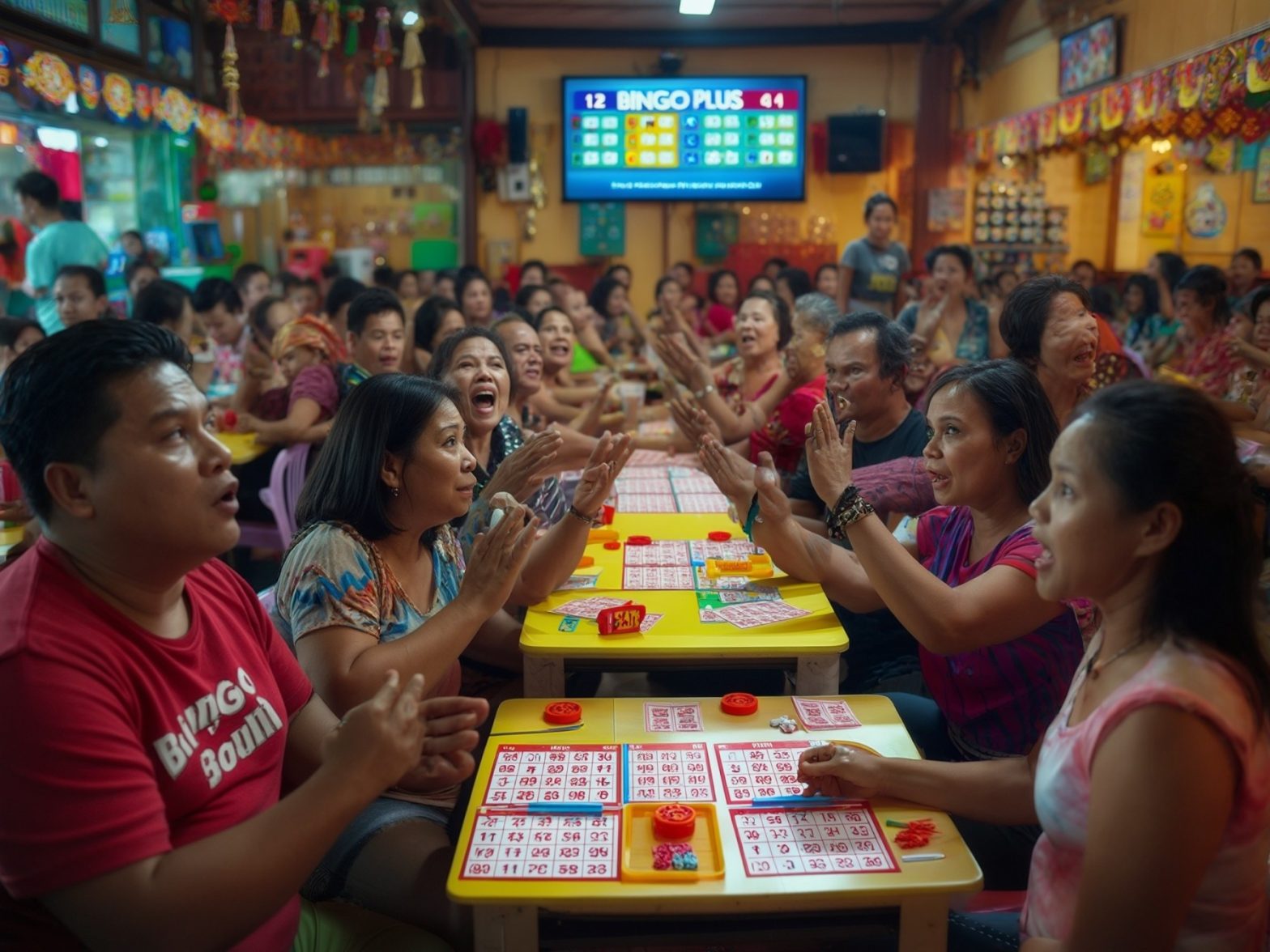 Crowded bingo hall with people playing and checking bingo cards, colorful interior, digital score display in the background.