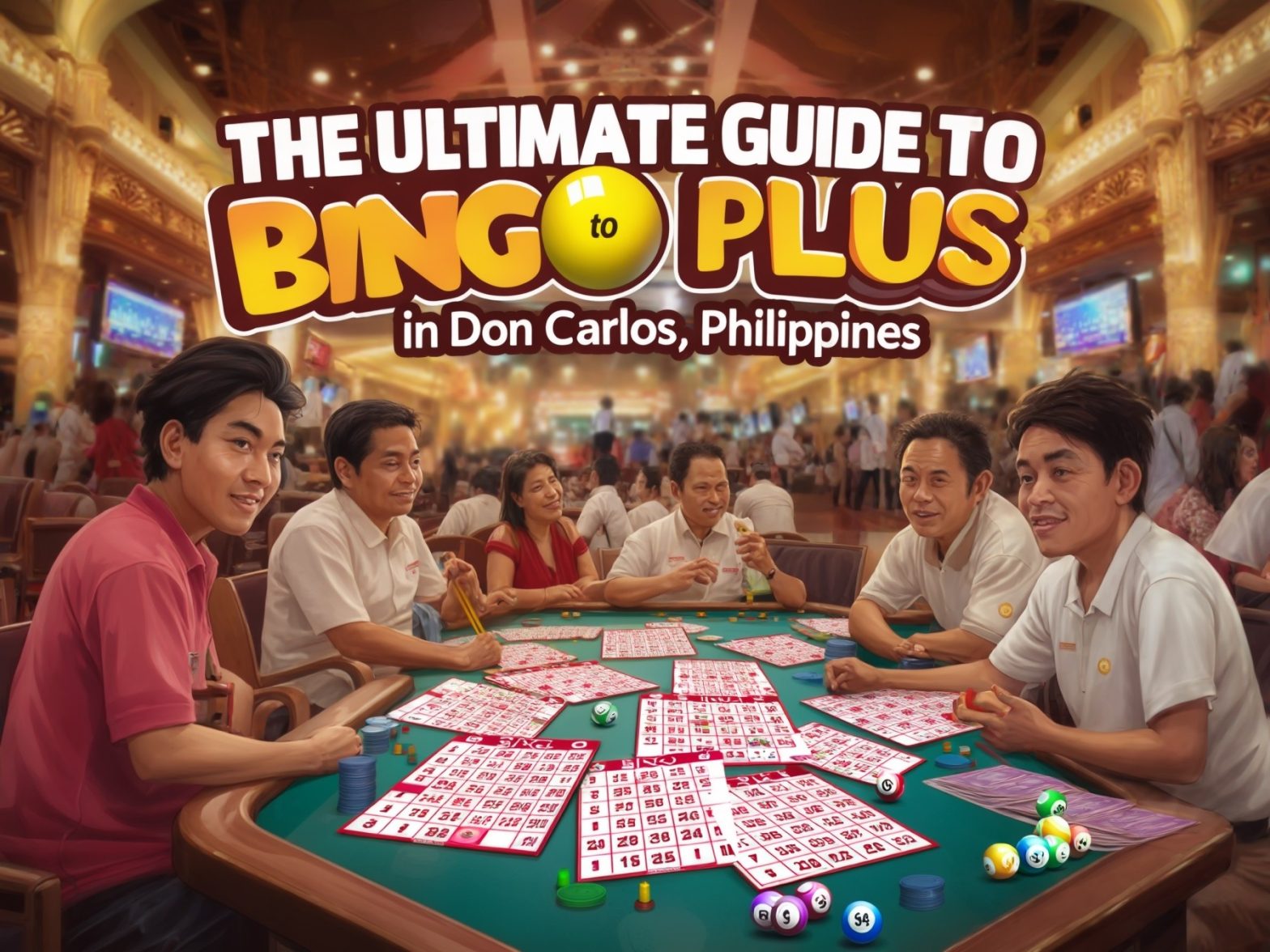 Bingo game in Don Carlos, Philippines featuring players around a table with bingo cards and balls in a casino setting.