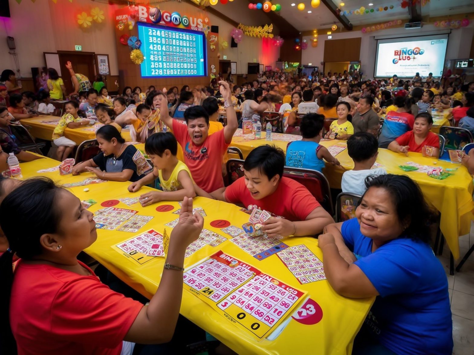 Crowded bingo hall with participants playing Bingo games, yellow tablecloths, and colorful decorations.