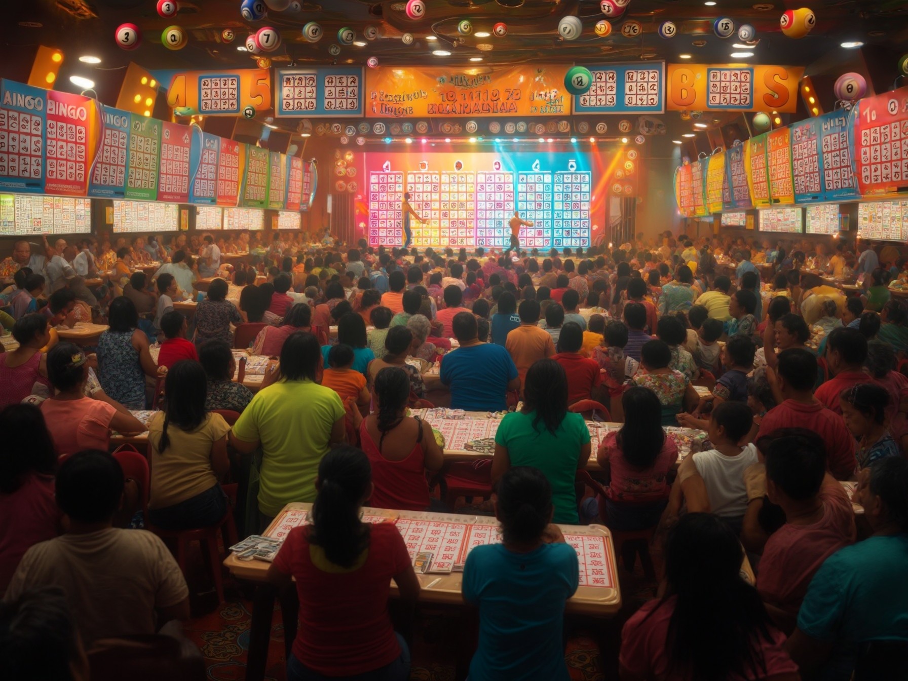 Crowded bingo hall with colorful number boards and participants eagerly watching game unfolding on stage.
