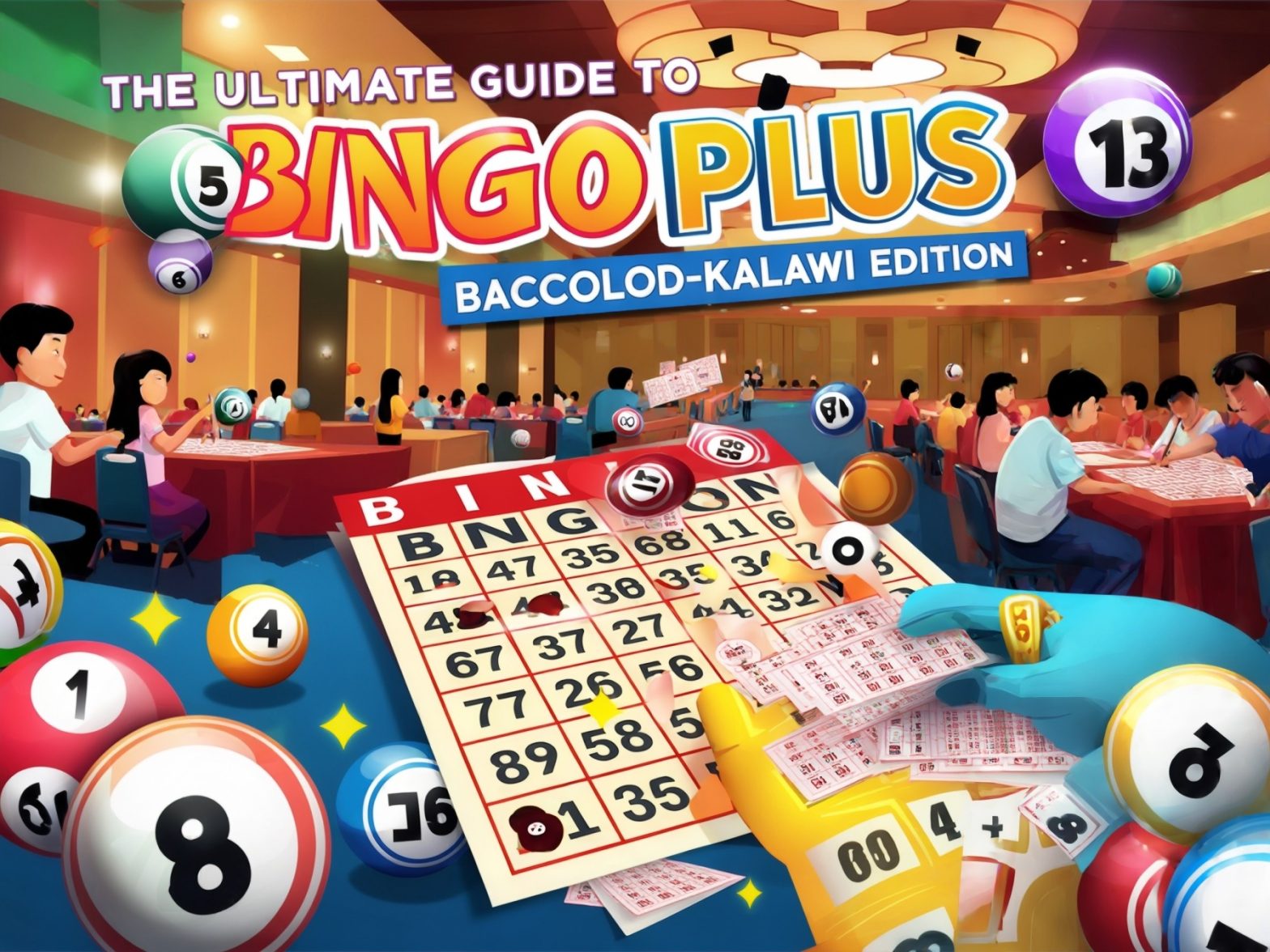 Colorful bingo hall scene with players, bingo cards, and numbered balls, promoting "Bingo Plus Bacolod-Kalawi Edition."