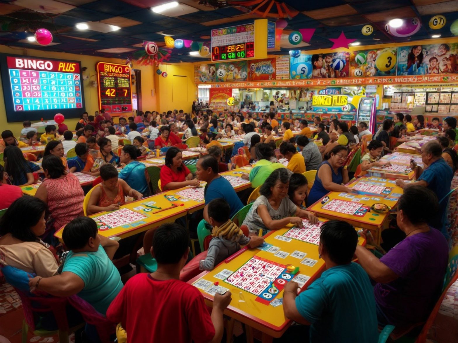 Crowded bingo hall with players focused on colorful cards, bright lighting, and digital bingo boards in the background.
