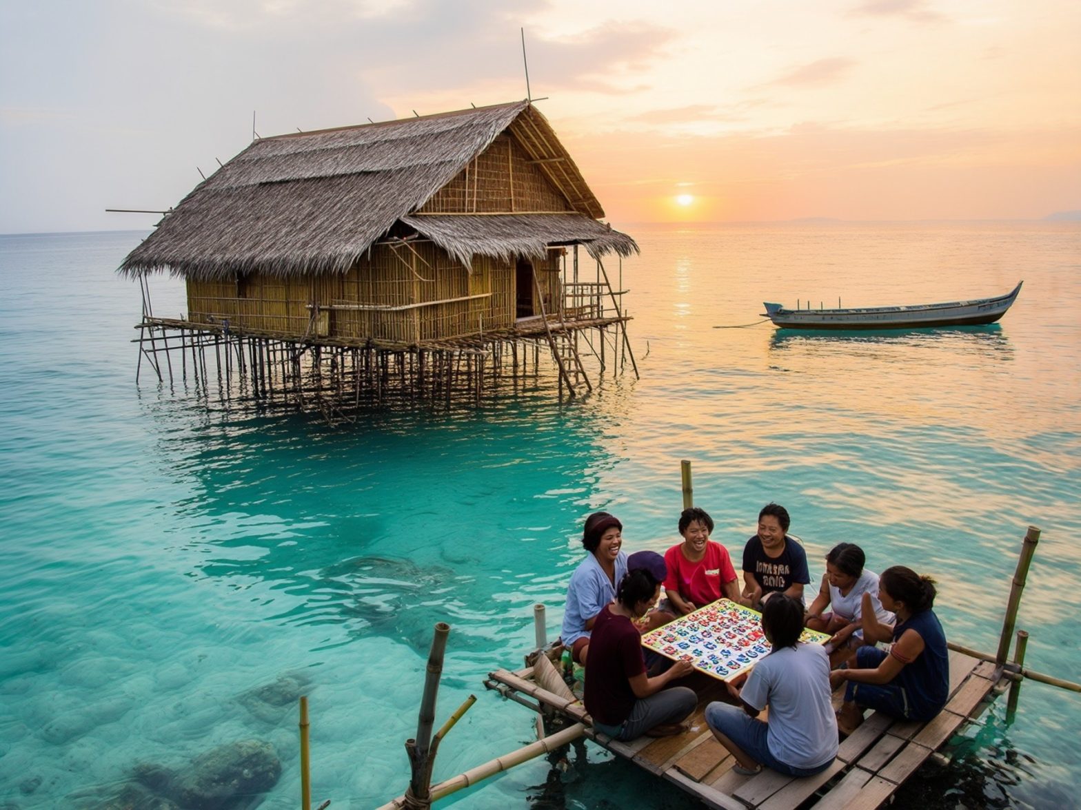 People playing a board game on a bamboo raft near a stilt house over turquoise waters at sunset, boat in background.