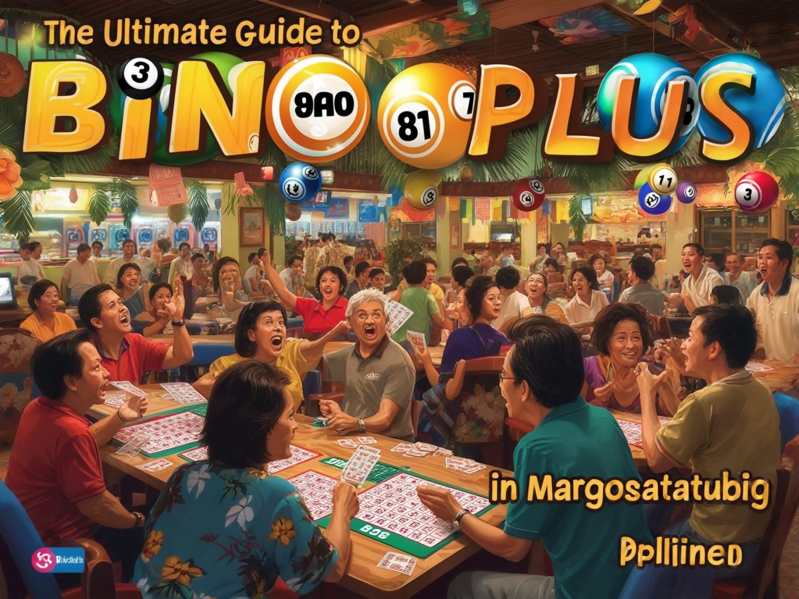 People enjoying a lively bingo game night in a colorful, festive environment with tropical decorations and bingo cards on tables.