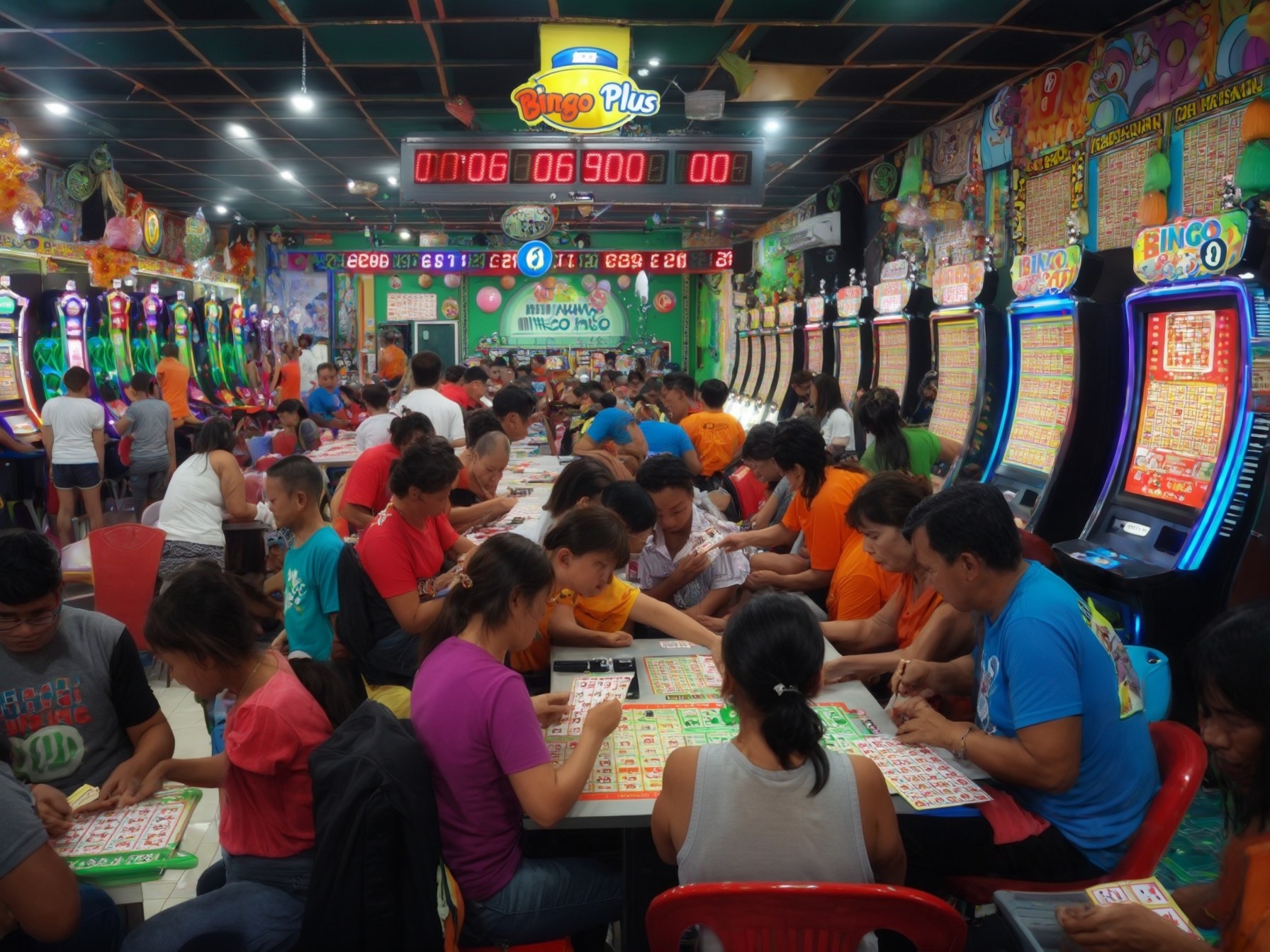 People gathered in a lively bingo hall with colorful slot machines and cards on tables in a festive gaming environment.