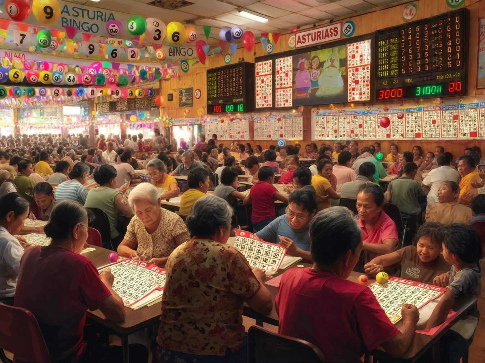 A vibrant bingo hall filled with people playing bingo under colorful decorations and a large scoreboard.