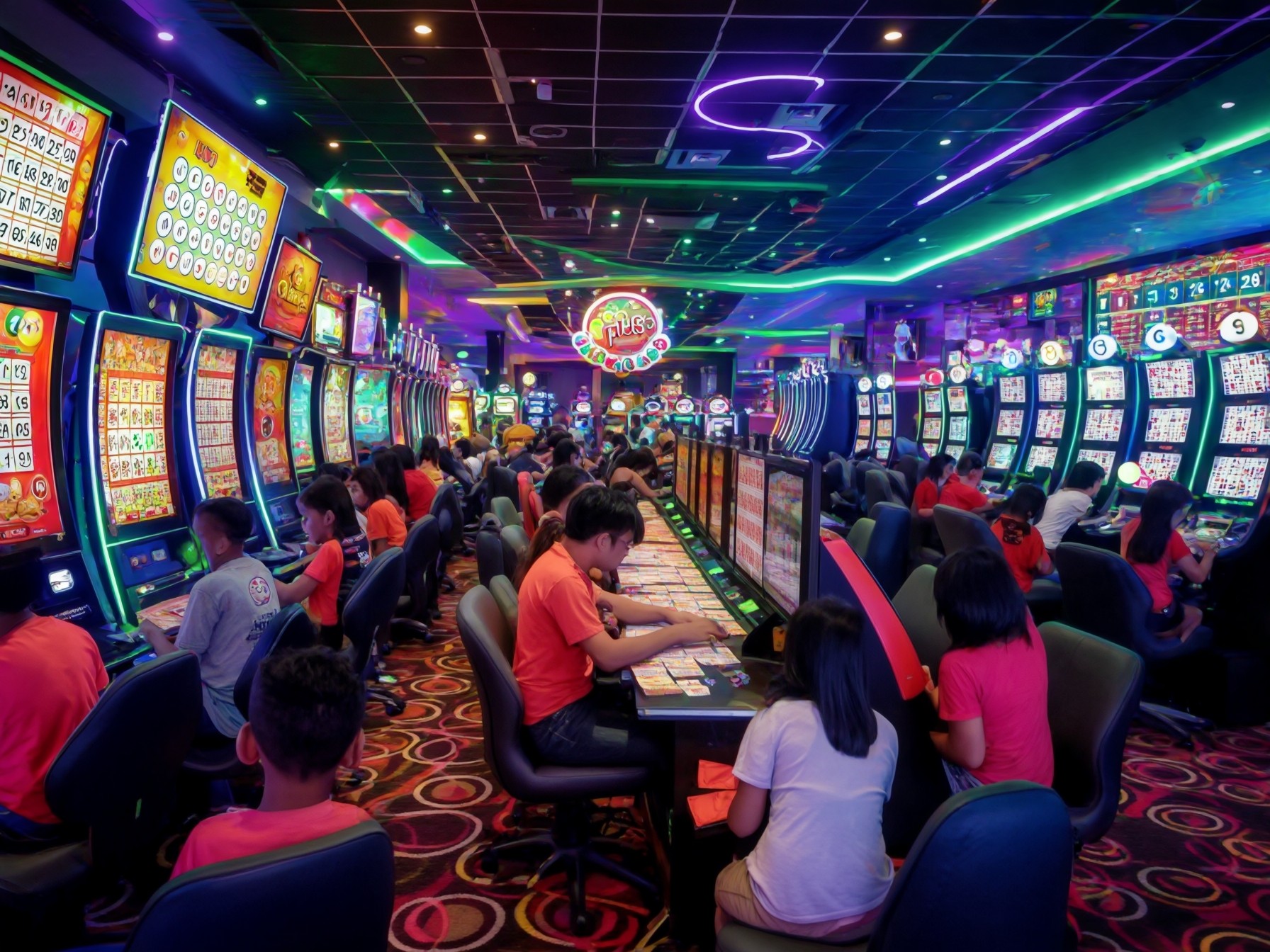 People playing on rows of brightly lit slot machines in a vibrant casino, filled with neon lights and colorful decor.