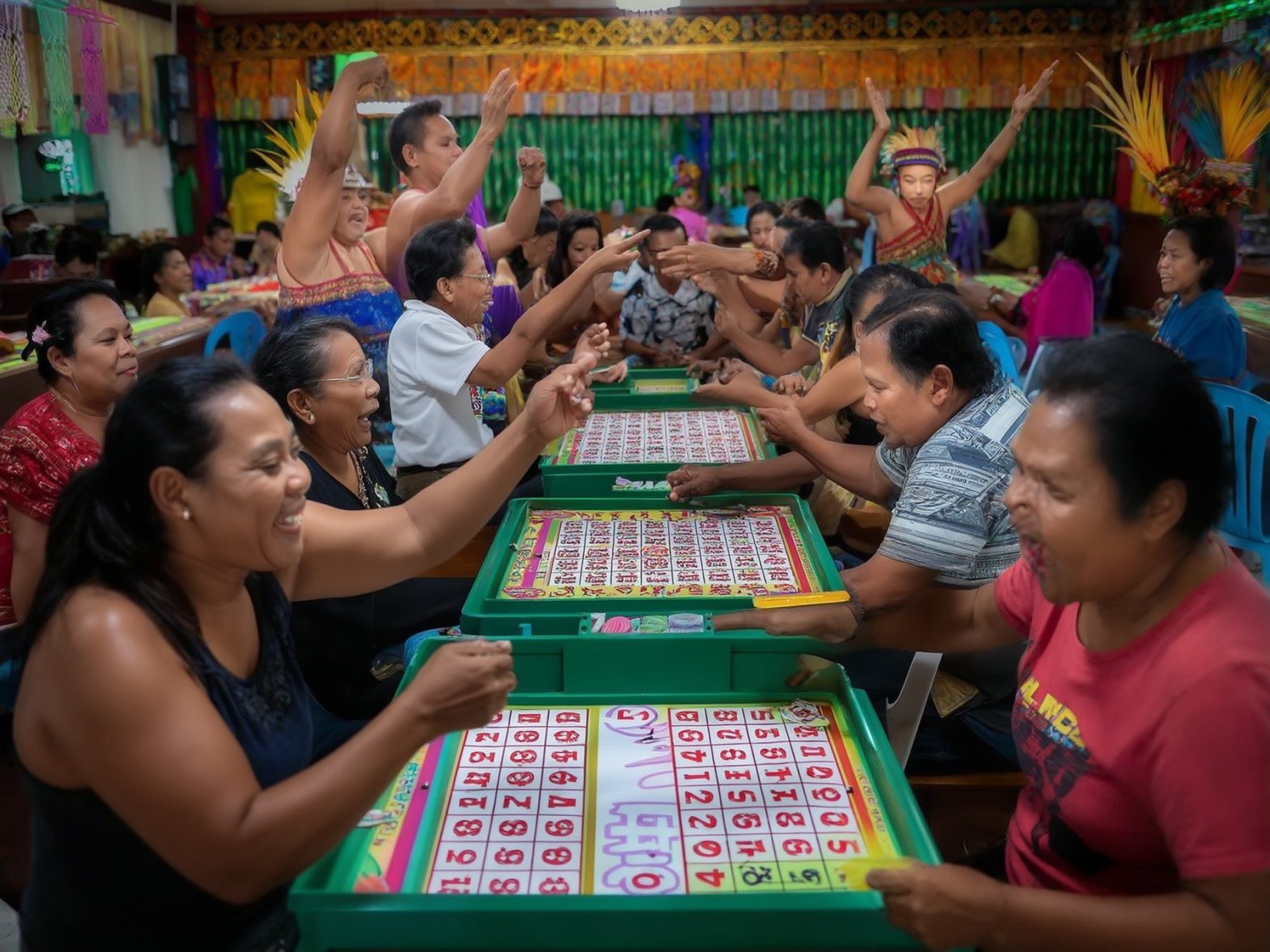 People playing a traditional bingo game indoors, vibrant decorations and paper talismans in a cultural event setting.