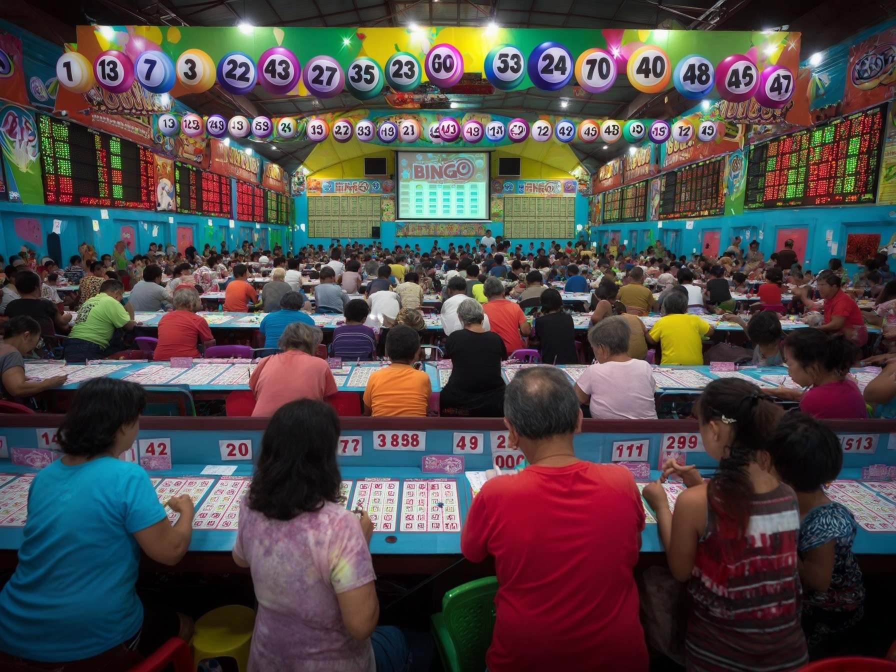 Bingo hall filled with people playing bingo games under colorful lights and number boards, creating a lively gaming atmosphere.