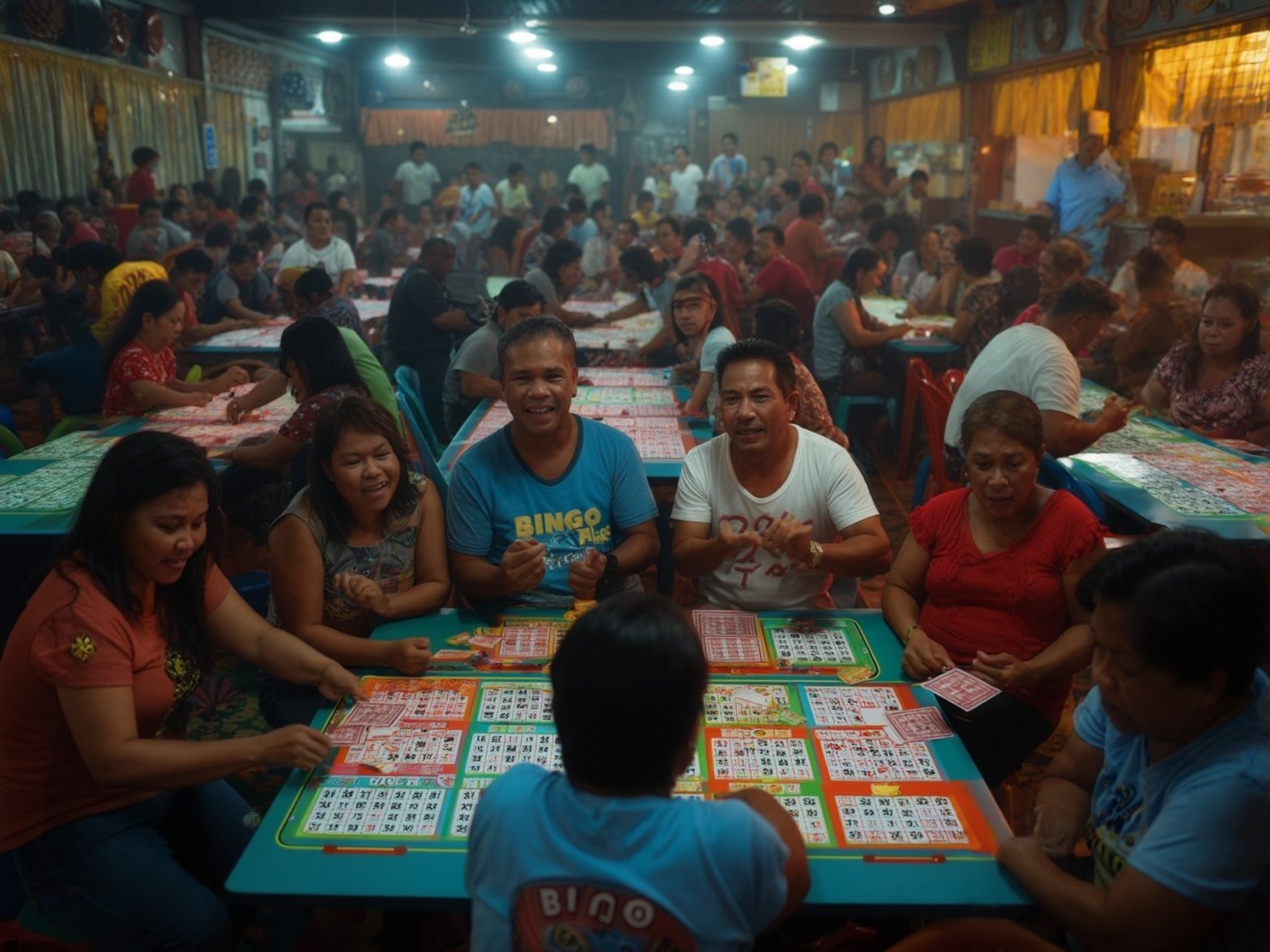 People playing bingo in a crowded community hall with colorful bingo cards and tables.