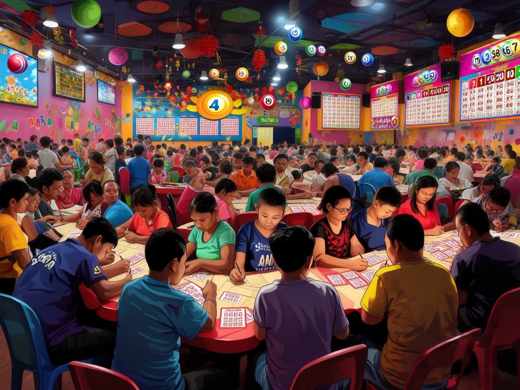 Colorful bingo hall with numerous players focused on their bingo cards, vibrant decorations, and numbered screens.