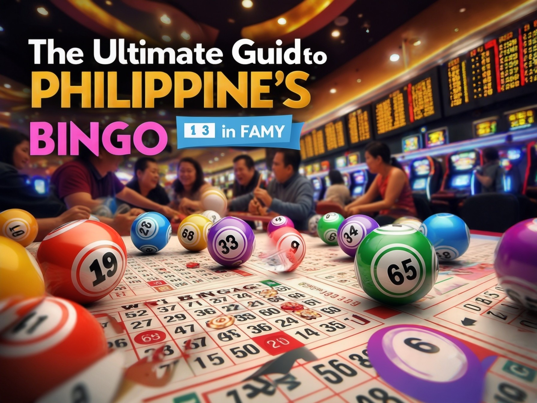 Colorful bingo balls and cards on a table in a lively Philippine casino setting, promoting a bingo guide.