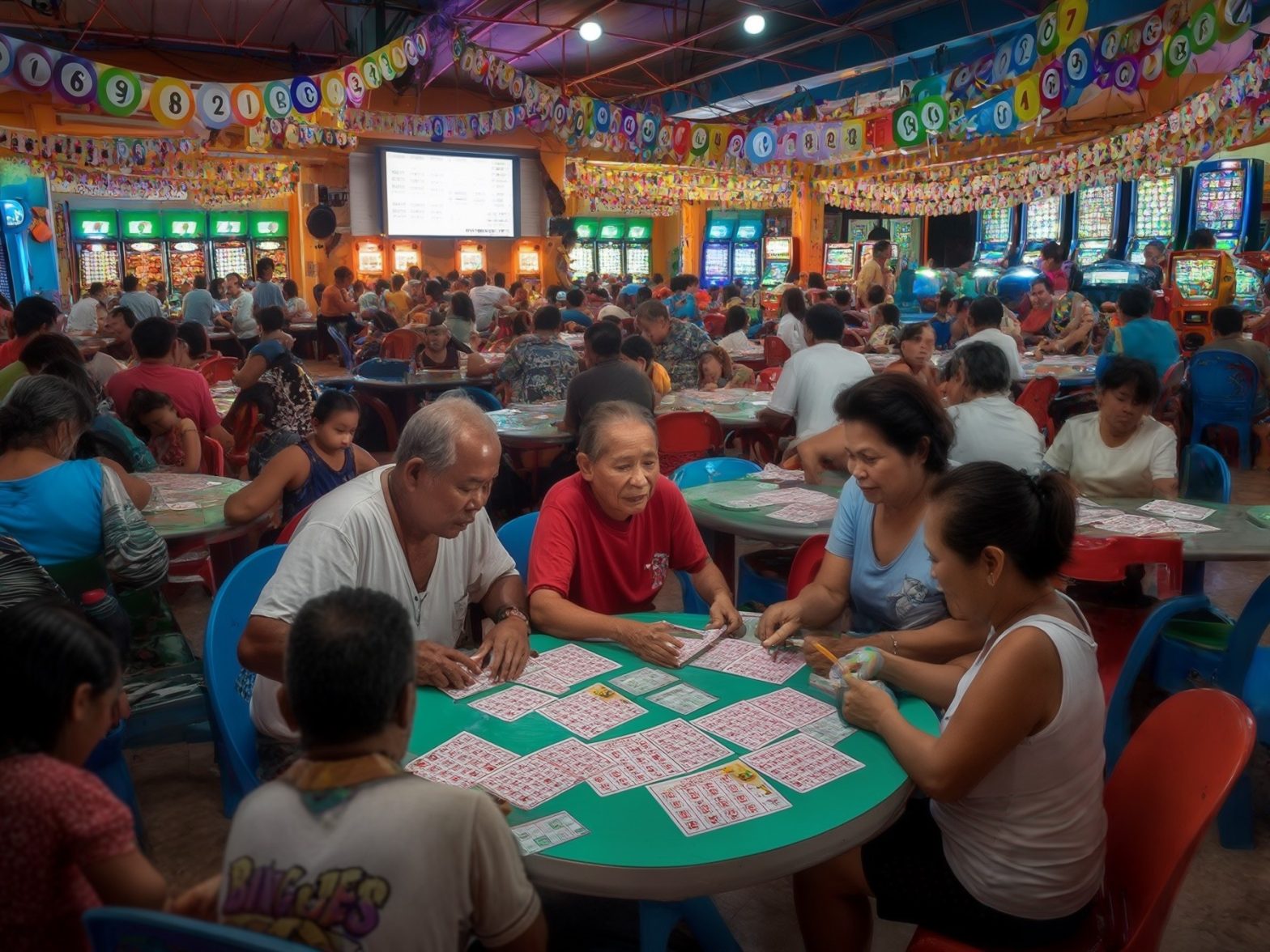 A crowded bingo hall with people playing bingo, colorful decorations, tables filled with bingo cards, and a festive atmosphere.