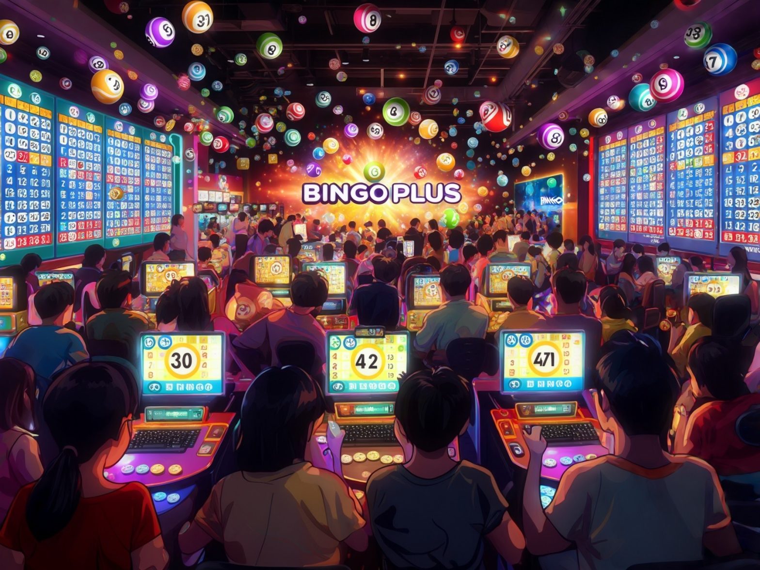 A large crowd of people playing bingo games at an event with colorful bingo balls and vibrant digital screens.
