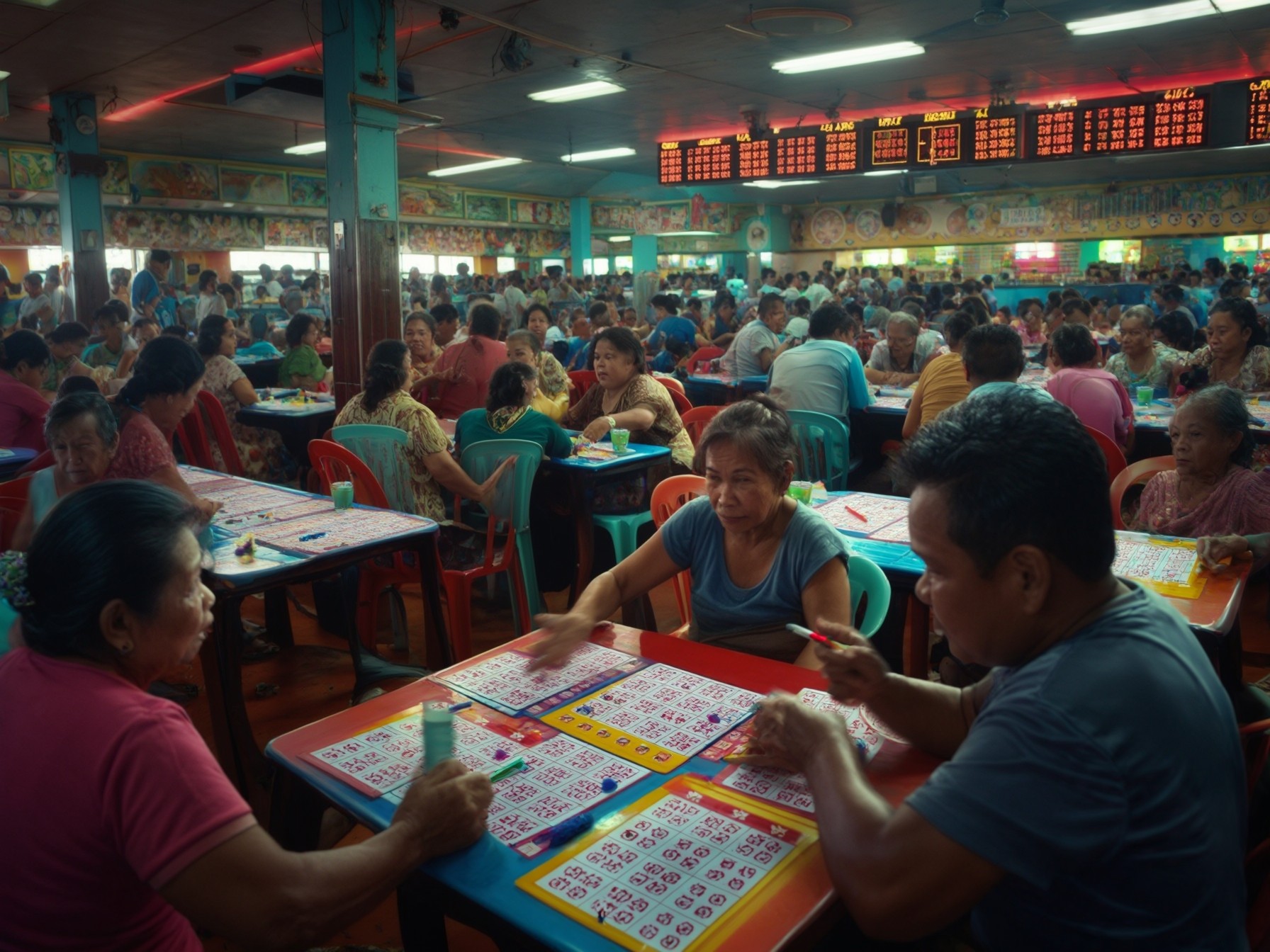 People playing bingo in a crowded hall with colorful chairs and tables, large electronic boards displaying numbers above.