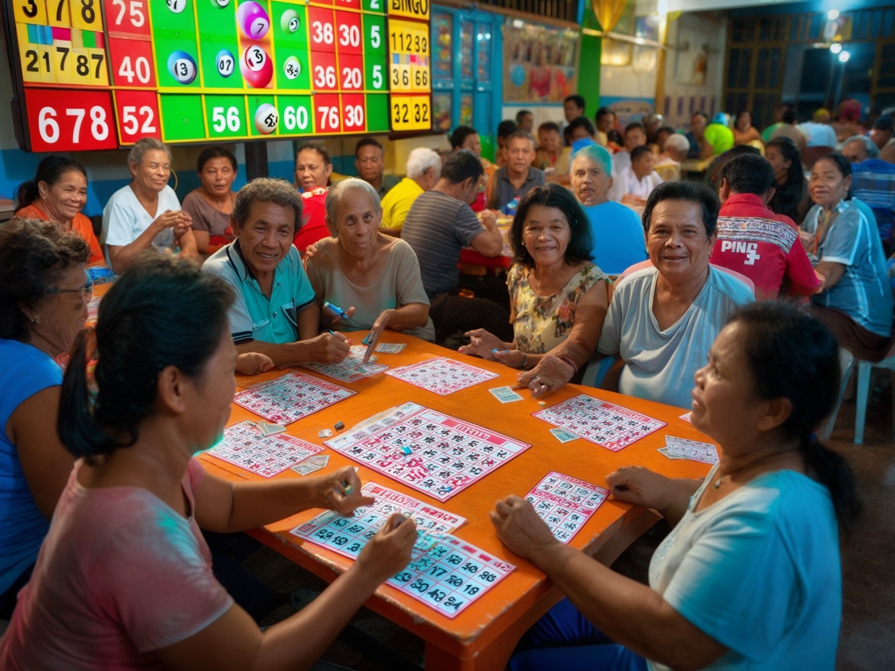 People playing bingo in a crowded hall with bingo cards and number board, group socializing and entertainment scene.