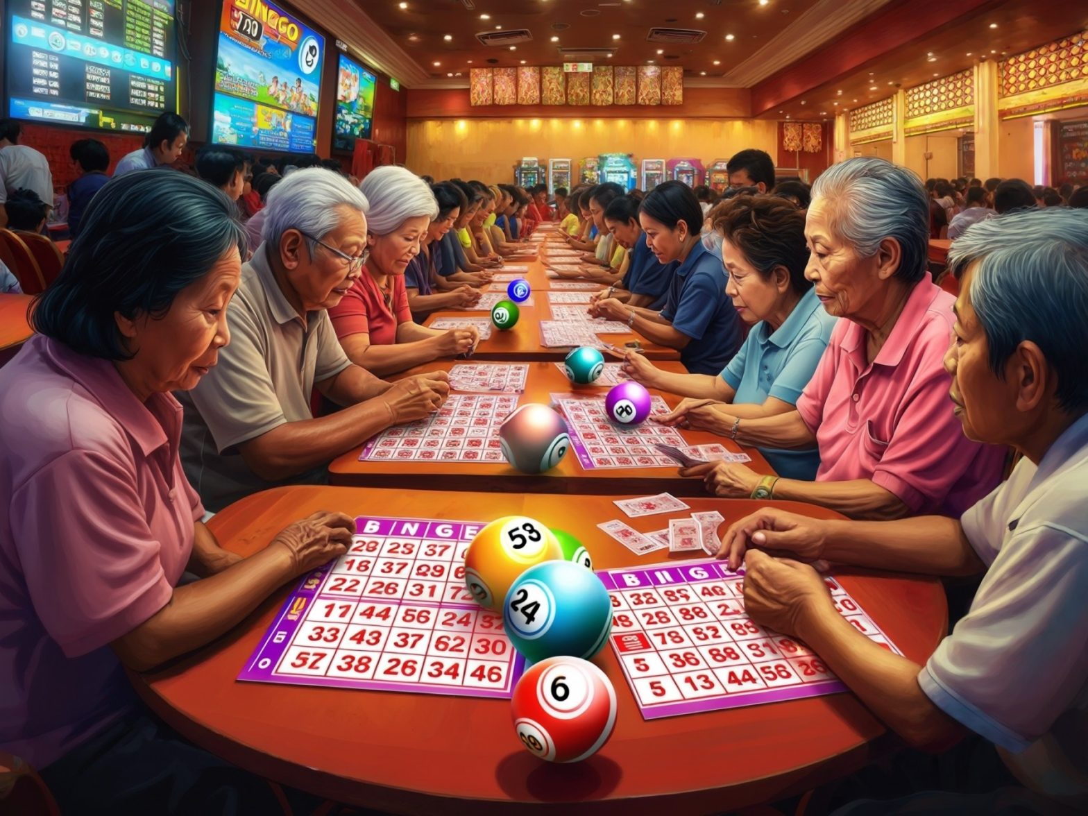 "Elderly people playing bingo in a lively hall with colorful bingo cards and balls on a wooden table."