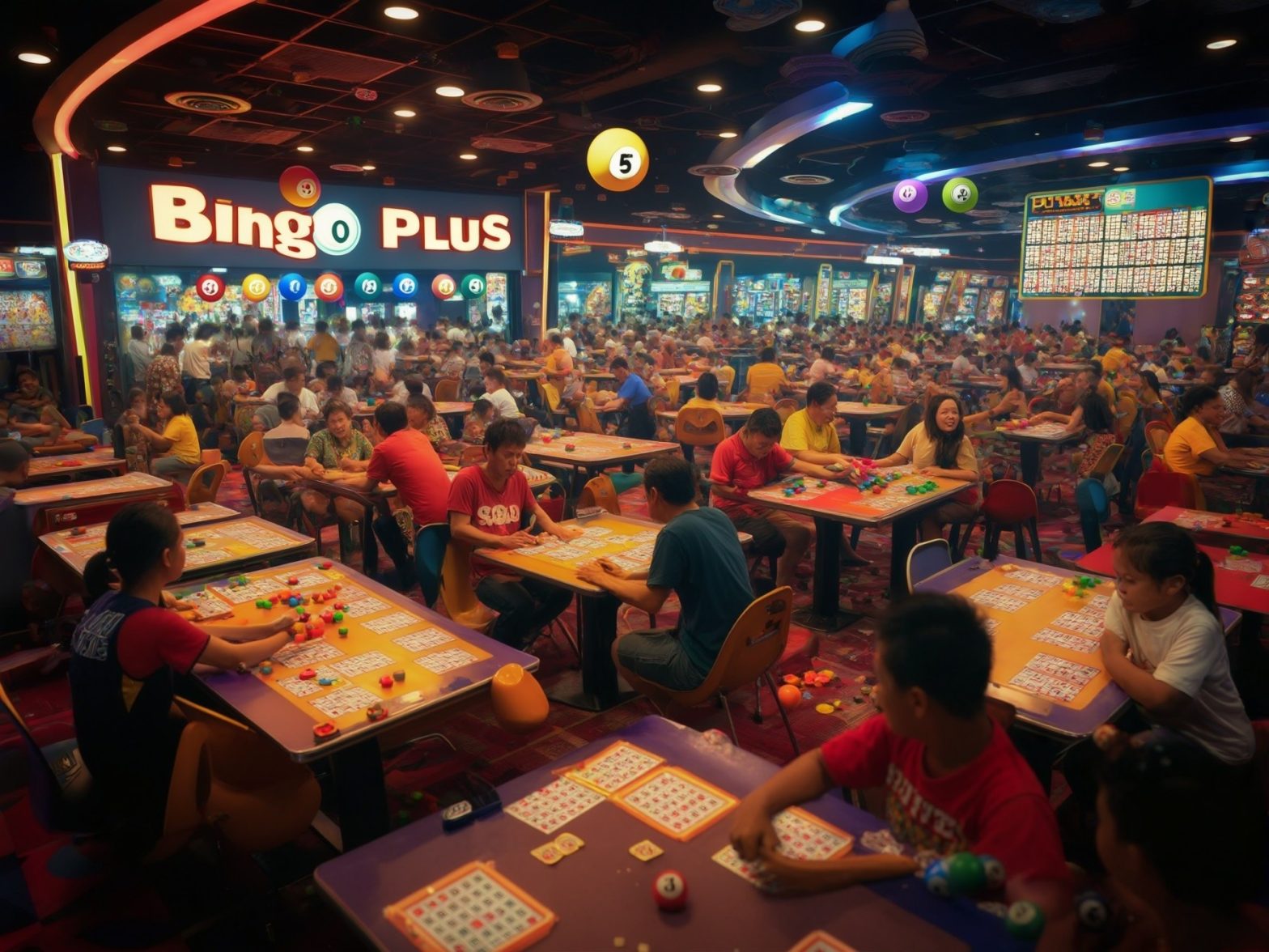 Crowded bingo hall with vibrant decor and people enjoying a game, featuring Bingo Plus signage and colorful tables.